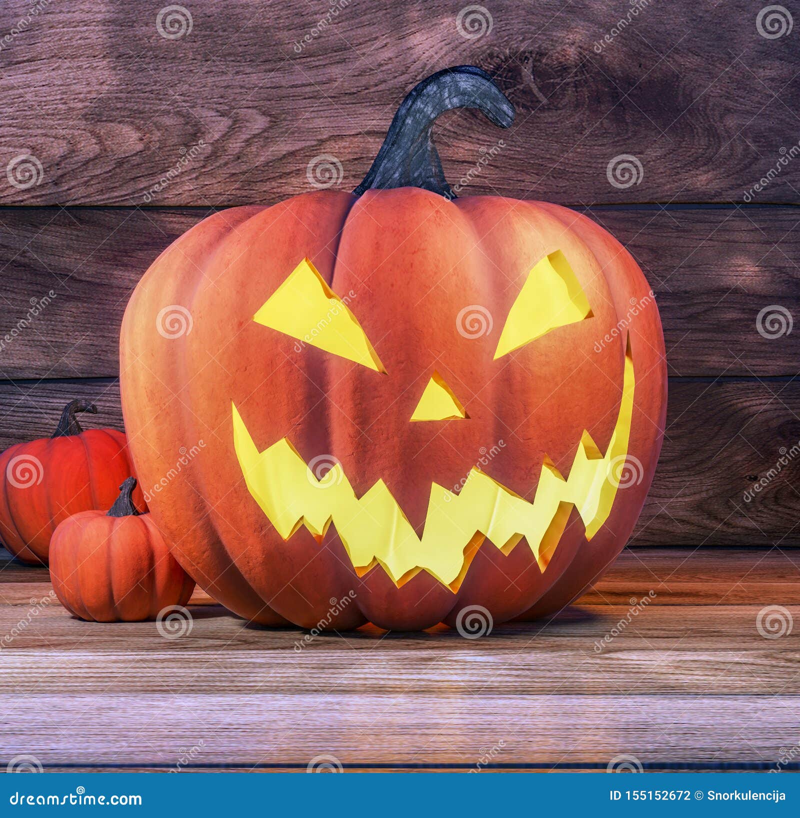 halloween pumpkin head jack lantern on wood board and wooden background, spooky night