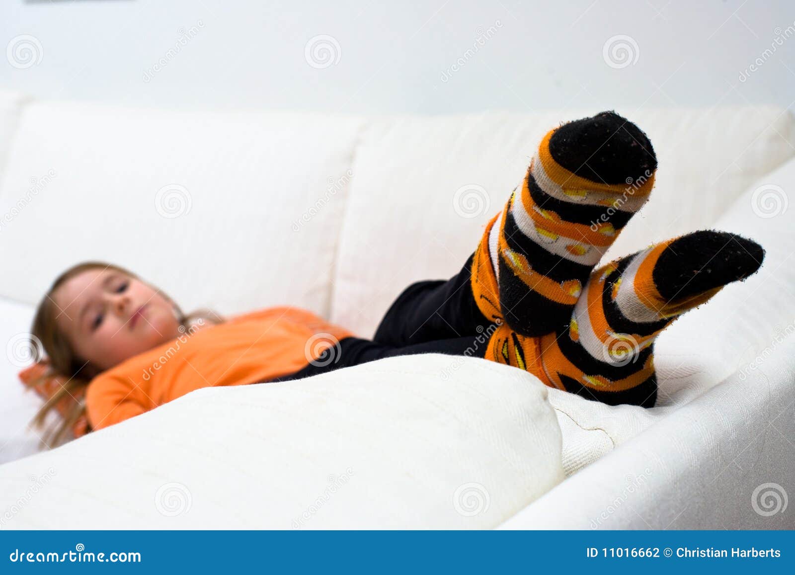 Halloween Pumpkin Socks Girl Sofa Stock Photo Image of foot, lantern