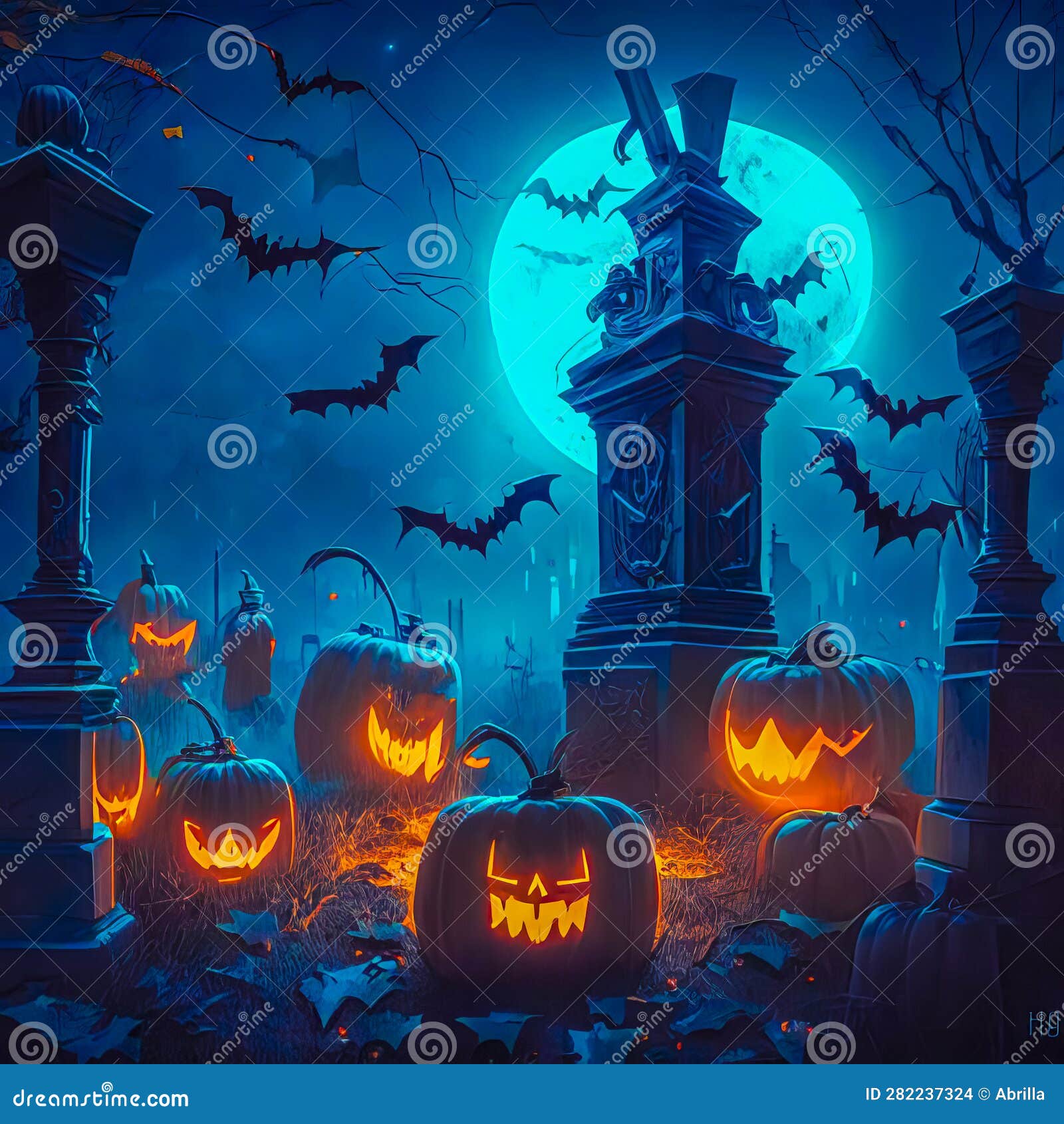 Halloween, Pumpkins, Bats and a Graveyard on a Moonlit Night before