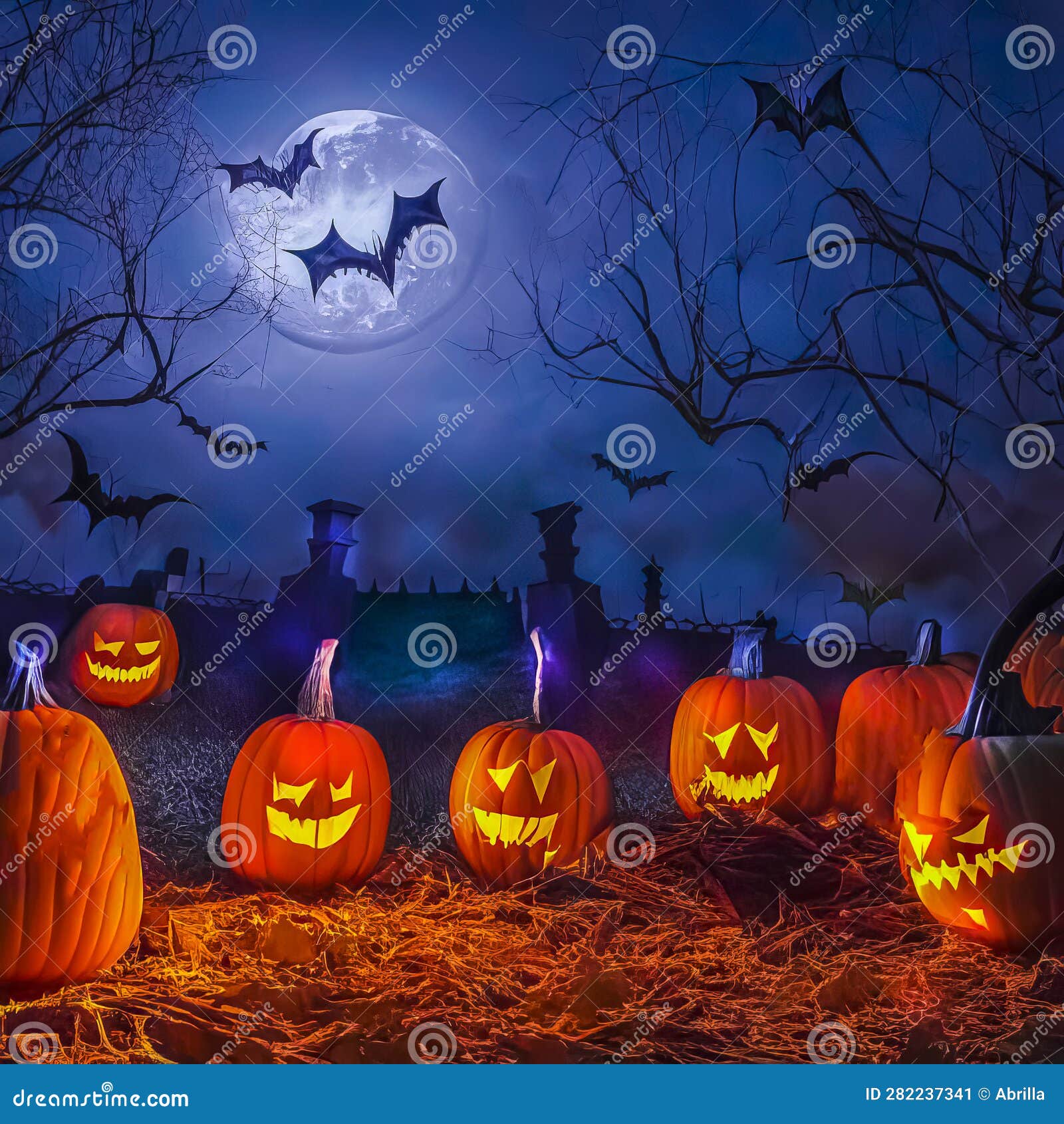 Halloween, Pumpkins, Bats and a Graveyard on a Moonlit Night before