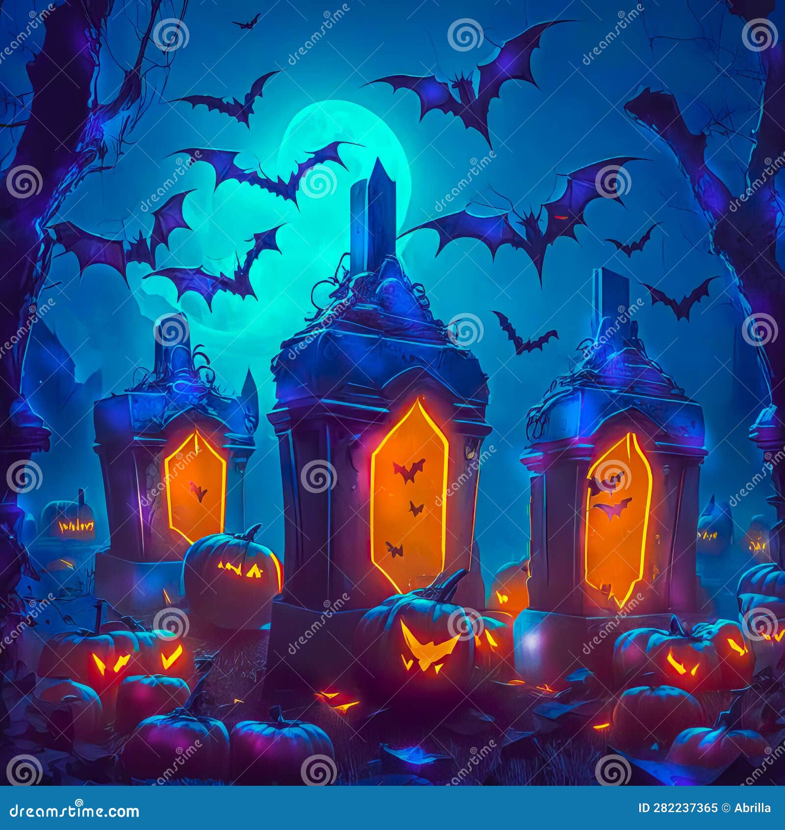 Halloween, Pumpkins, Bats and a Graveyard on a Moonlit Night before