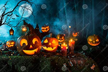 Halloween Pumpkins on Dark Spooky Forest. Stock Image - Image of ...