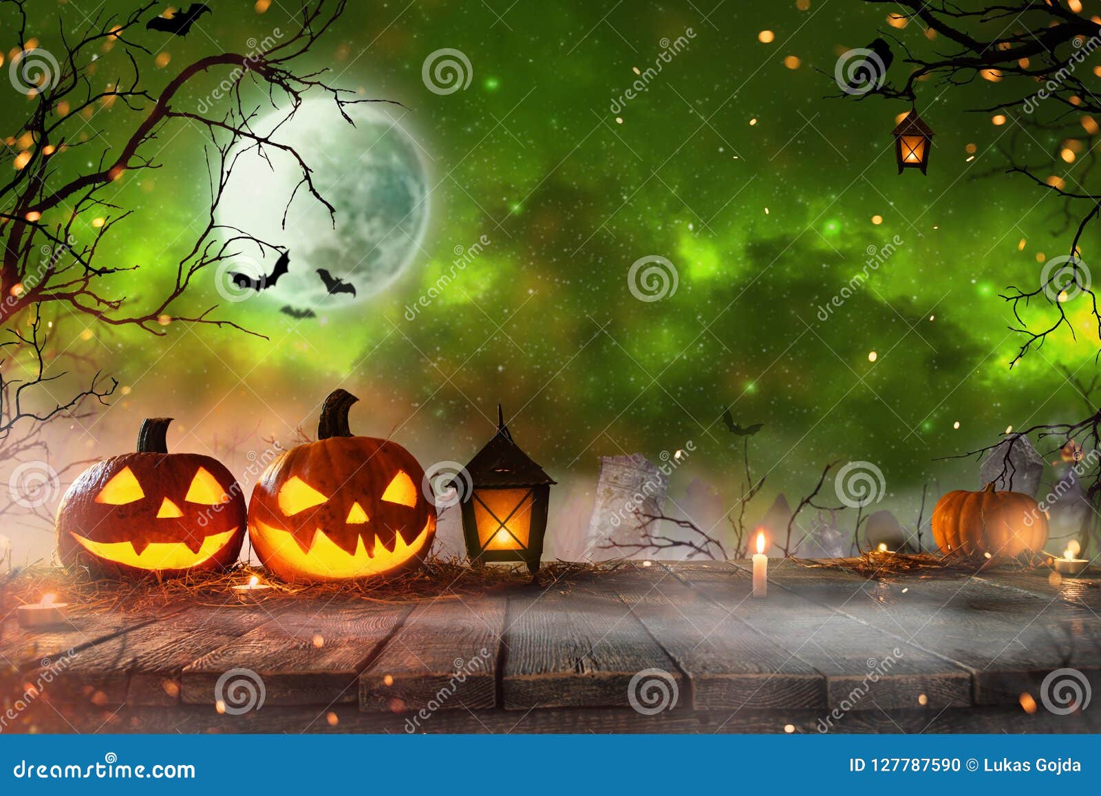 Halloween Pumpkins on Dark Spooky Forest. Stock Photo - Image of fall ...