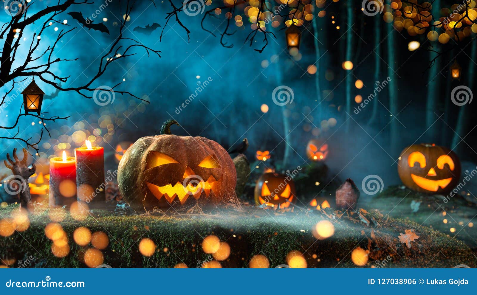 Halloween Pumpkins on Dark Spooky Forest. Stock Photo - Image of event ...