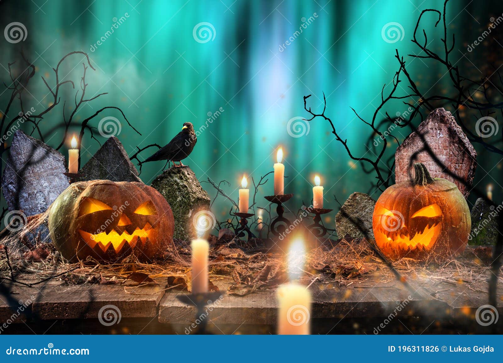 Halloween Pumpkins on Dark Spooky Forest. Stock Photo - Image of design ...