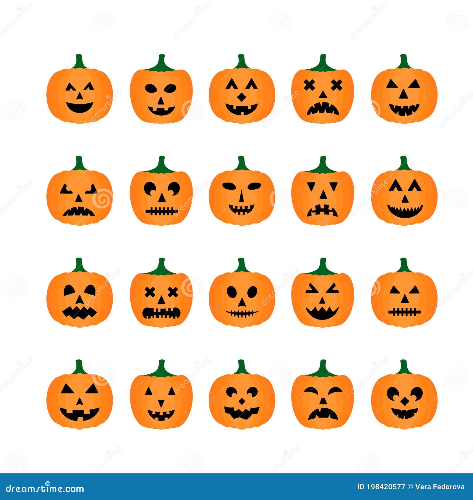 Halloween Pumpkins Faces Icon Set. Cute Cartoon Jack-o`-Lantern S ...