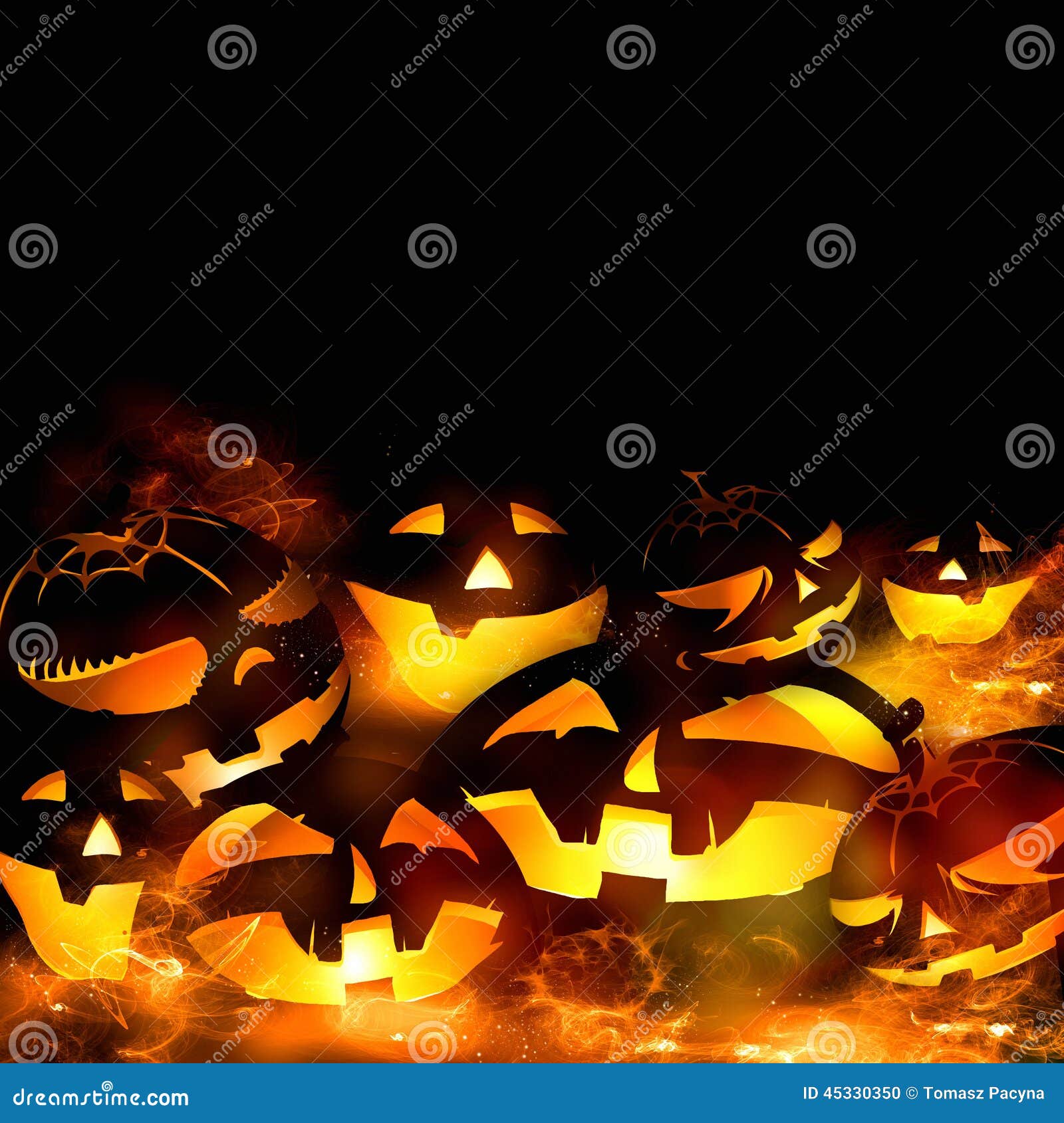 Halloween Pumpkins and Fire Flames Black Background Stock Illustration