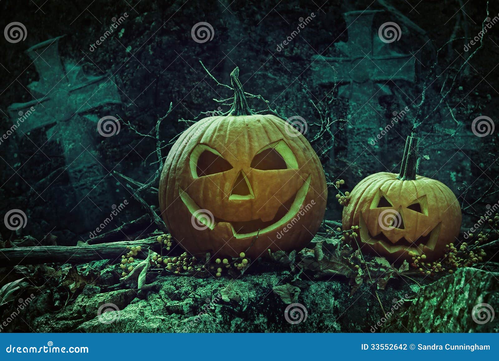 Halloween Pumpkins in Graveyard at Night Stock Photo - Image of flaming ...