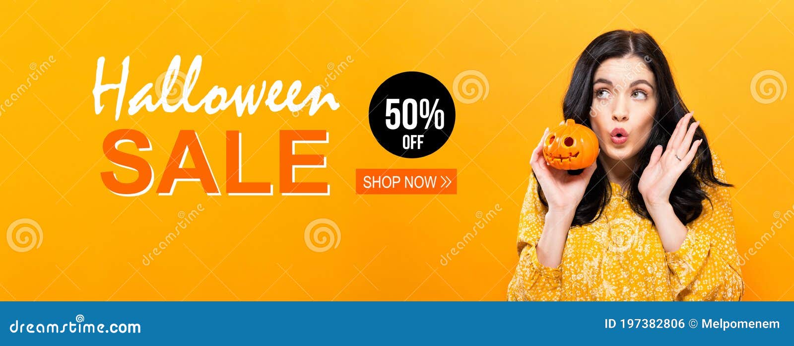 halloween sale with woman holding a pumpkin