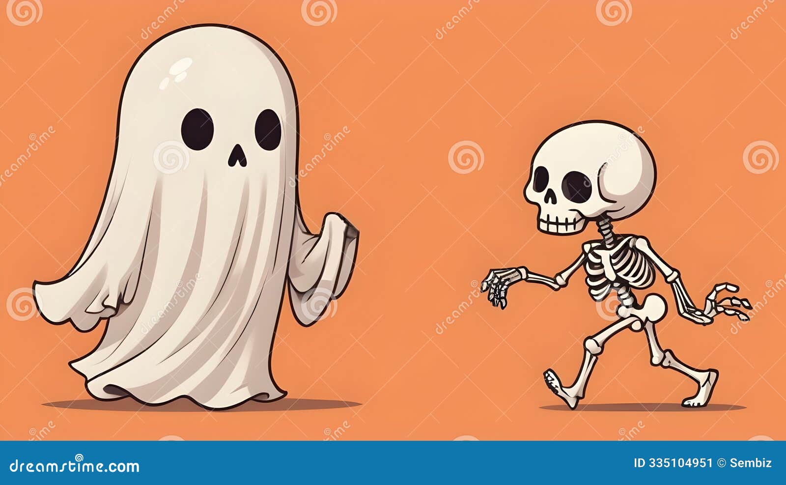 Halloween Scene with Charming Ghost and Skeleton Walking on Orange
