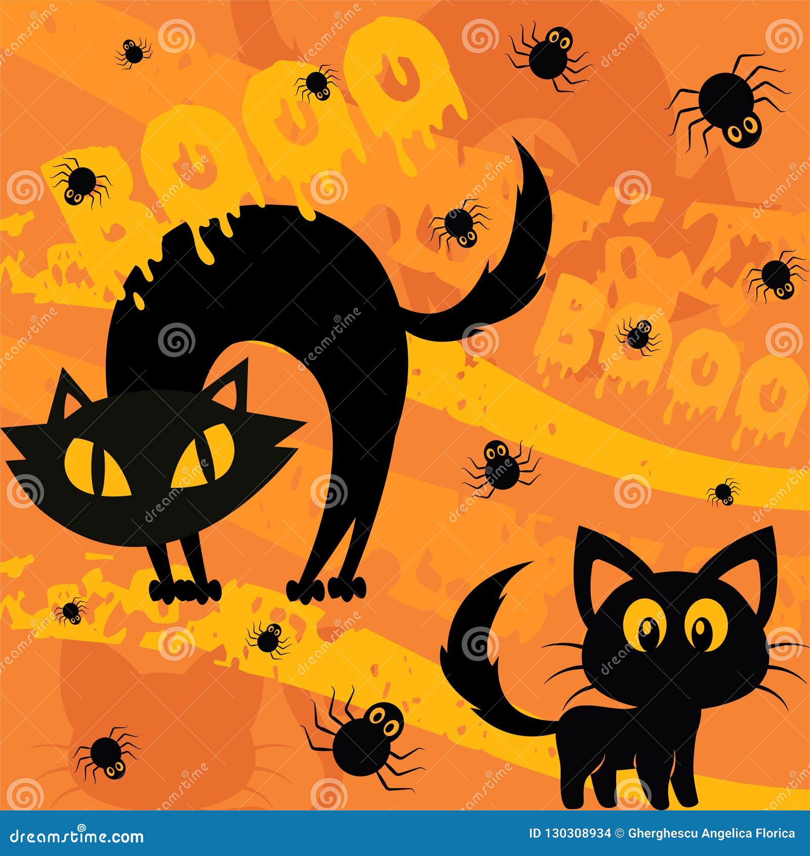 halloween seamless pattern with black cats, spider and the word booo - 