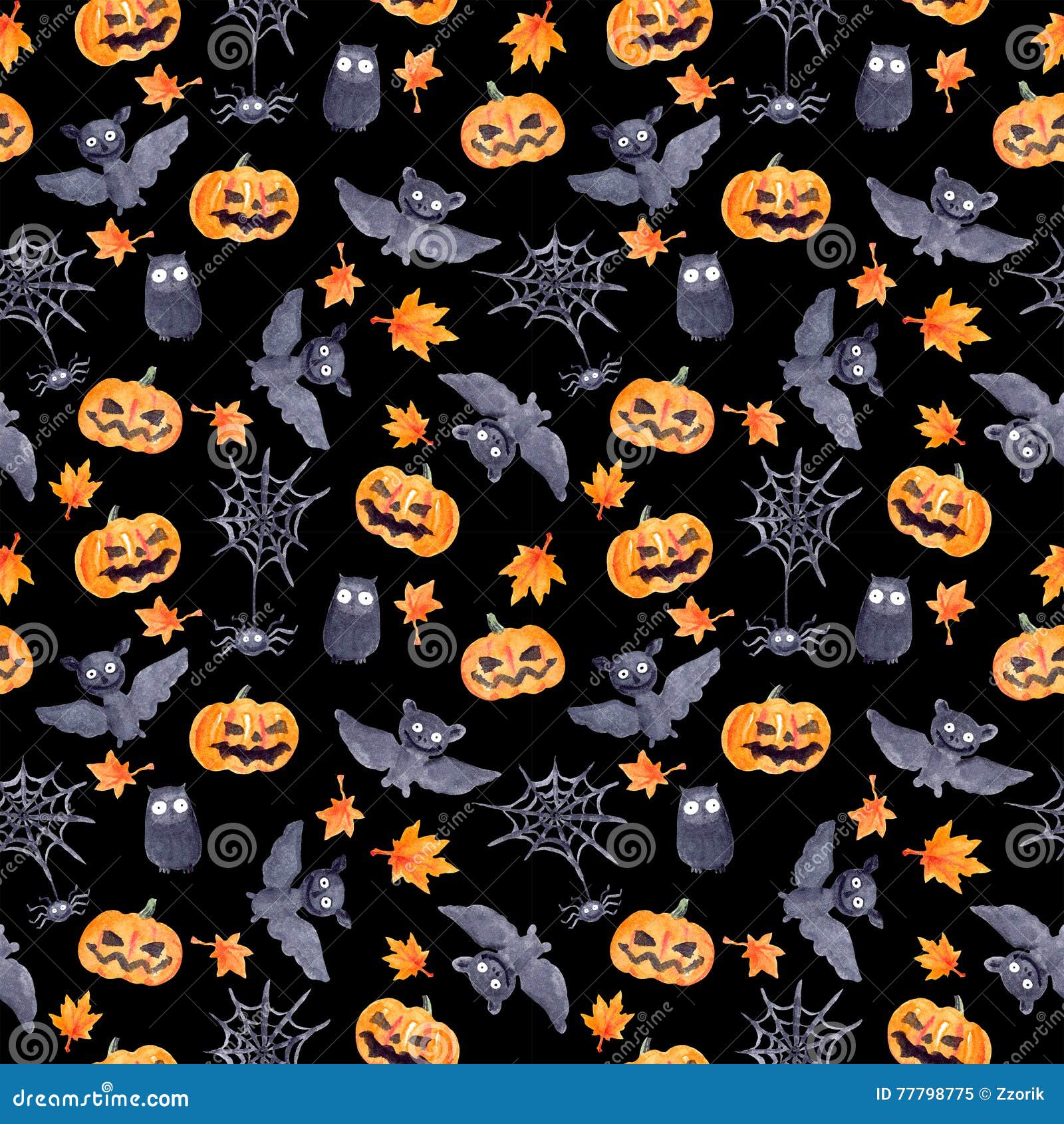 Halloween Seamless Pattern - Pumpkin, Bat, Owl. Cute Naive Watercolor ...