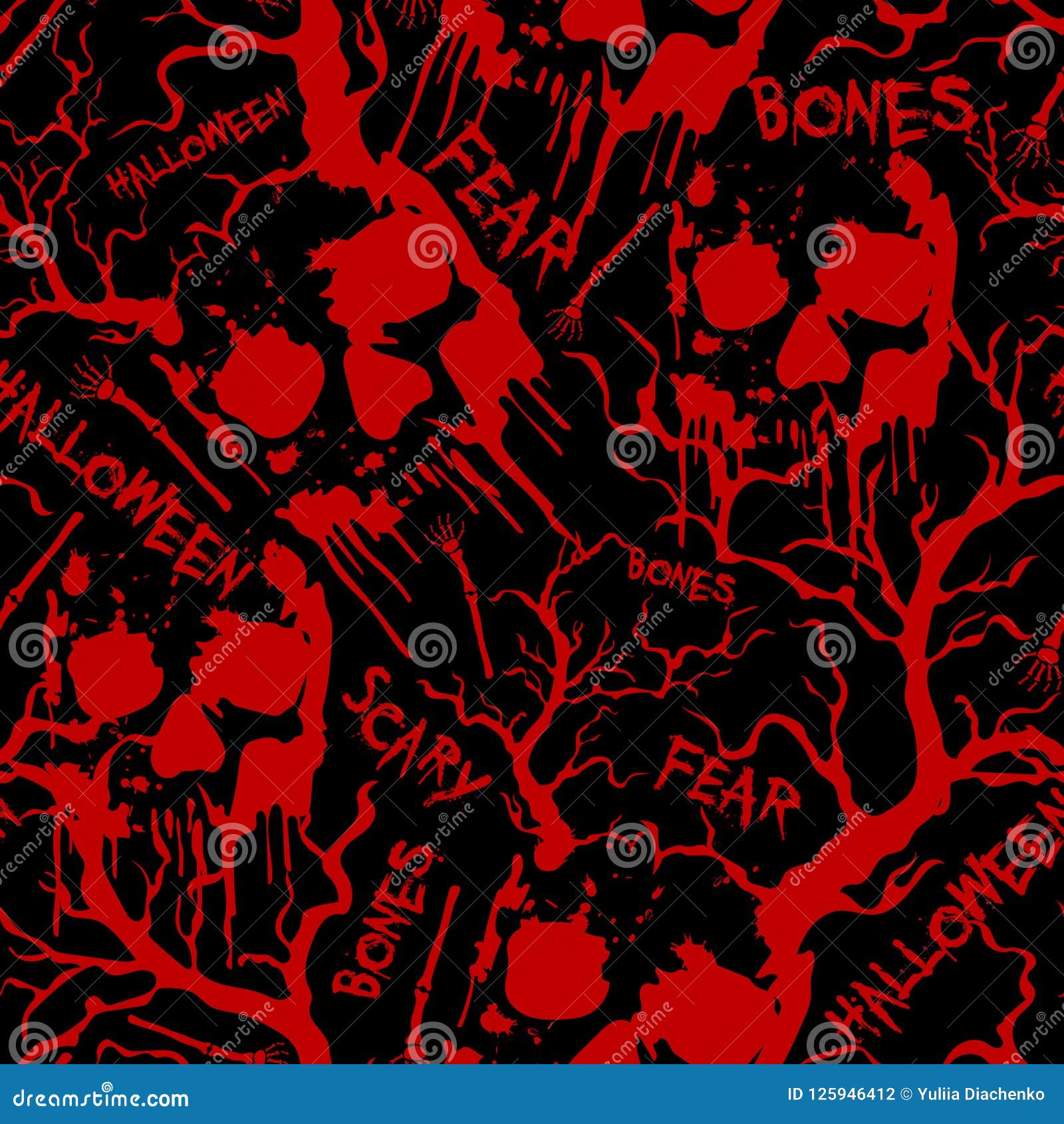 Halloween Seamless Pattern With Red Skulls,bones,trees And Words.Vector