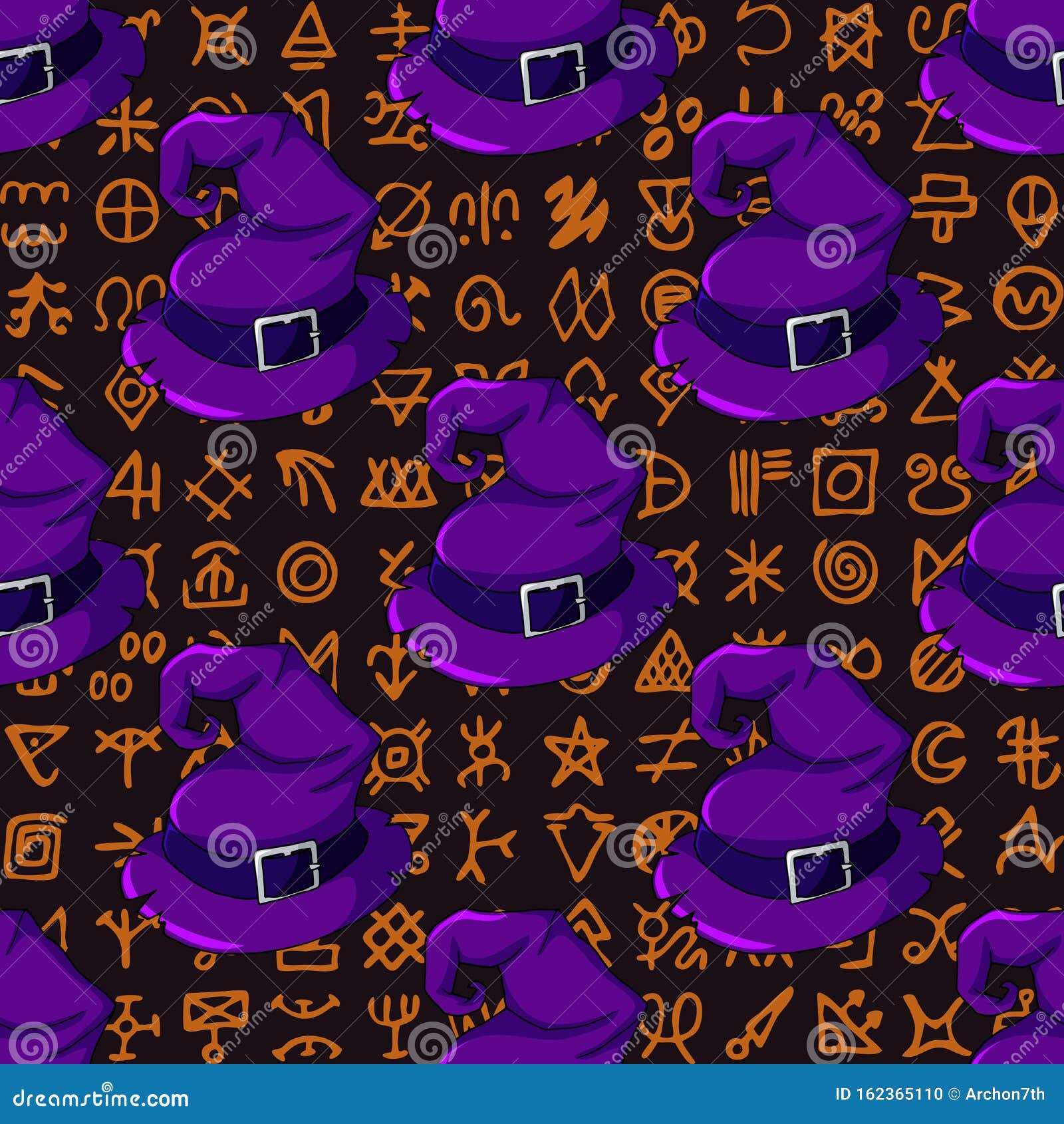 halloween seamless pattern with witch hats on ancient scripts background