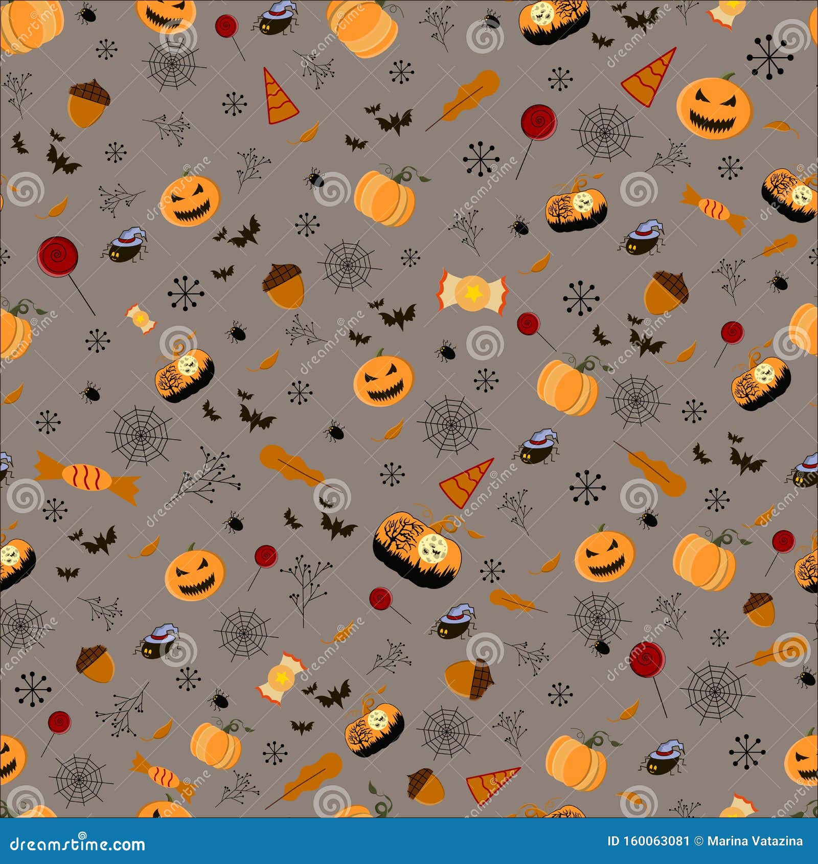 Halloween Seamless Patterns. Pumpkin, Bat, Cobweb, Sweets, Lollipop Oak ...