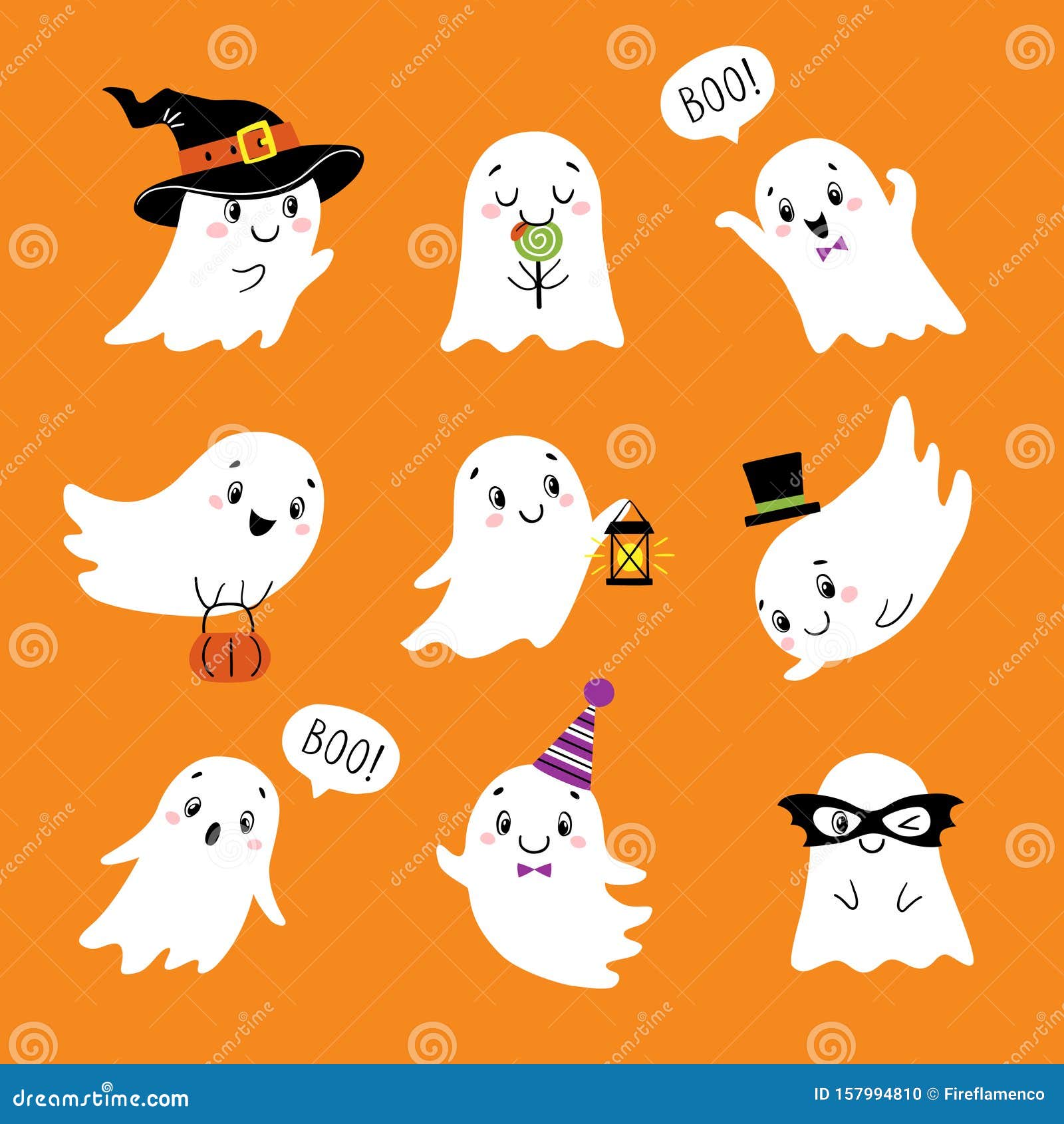 Funny and Cute Ghost Halloween Background Coloring Set Outline for