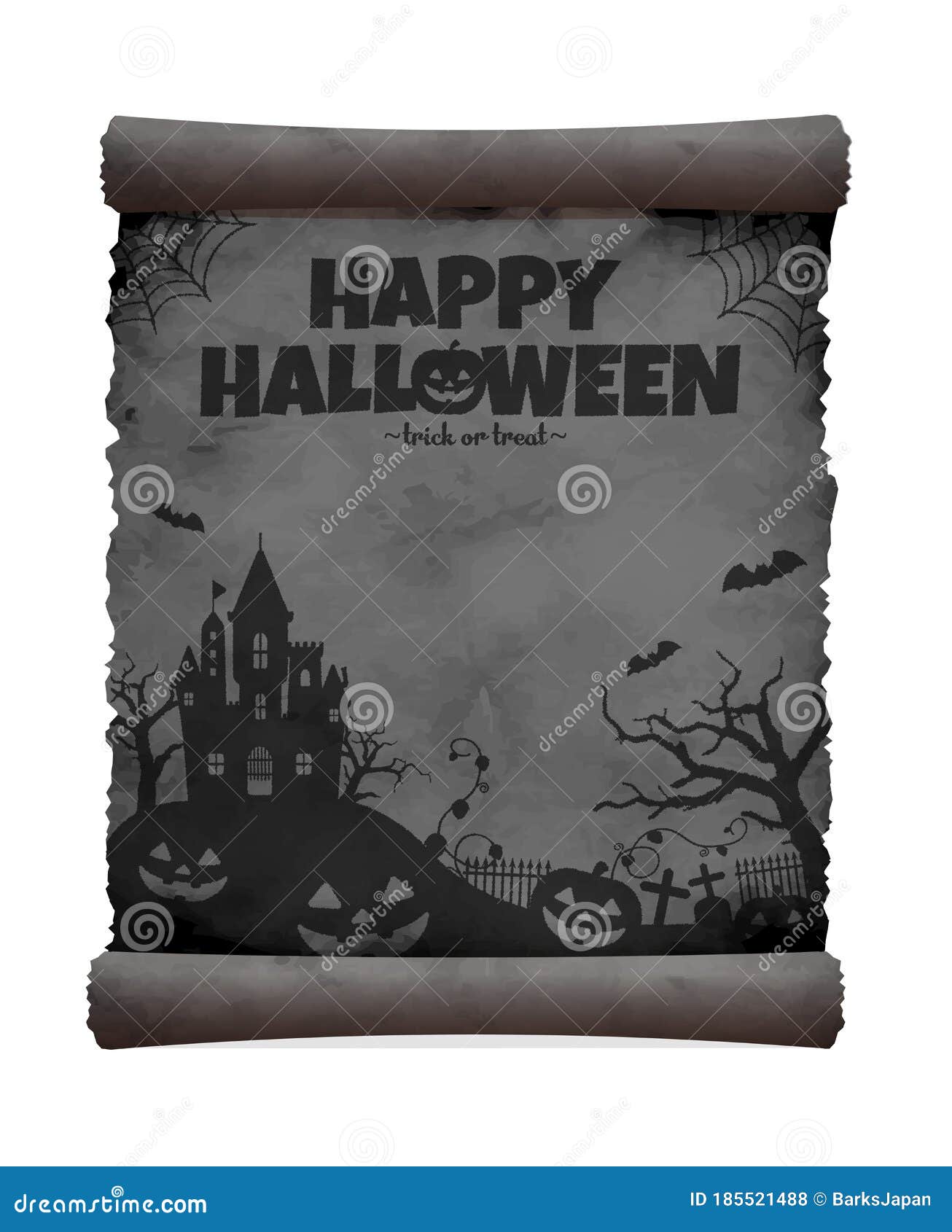 Halloween Silhouette Vector Illustration Tattered Old Paper with Curled ...
