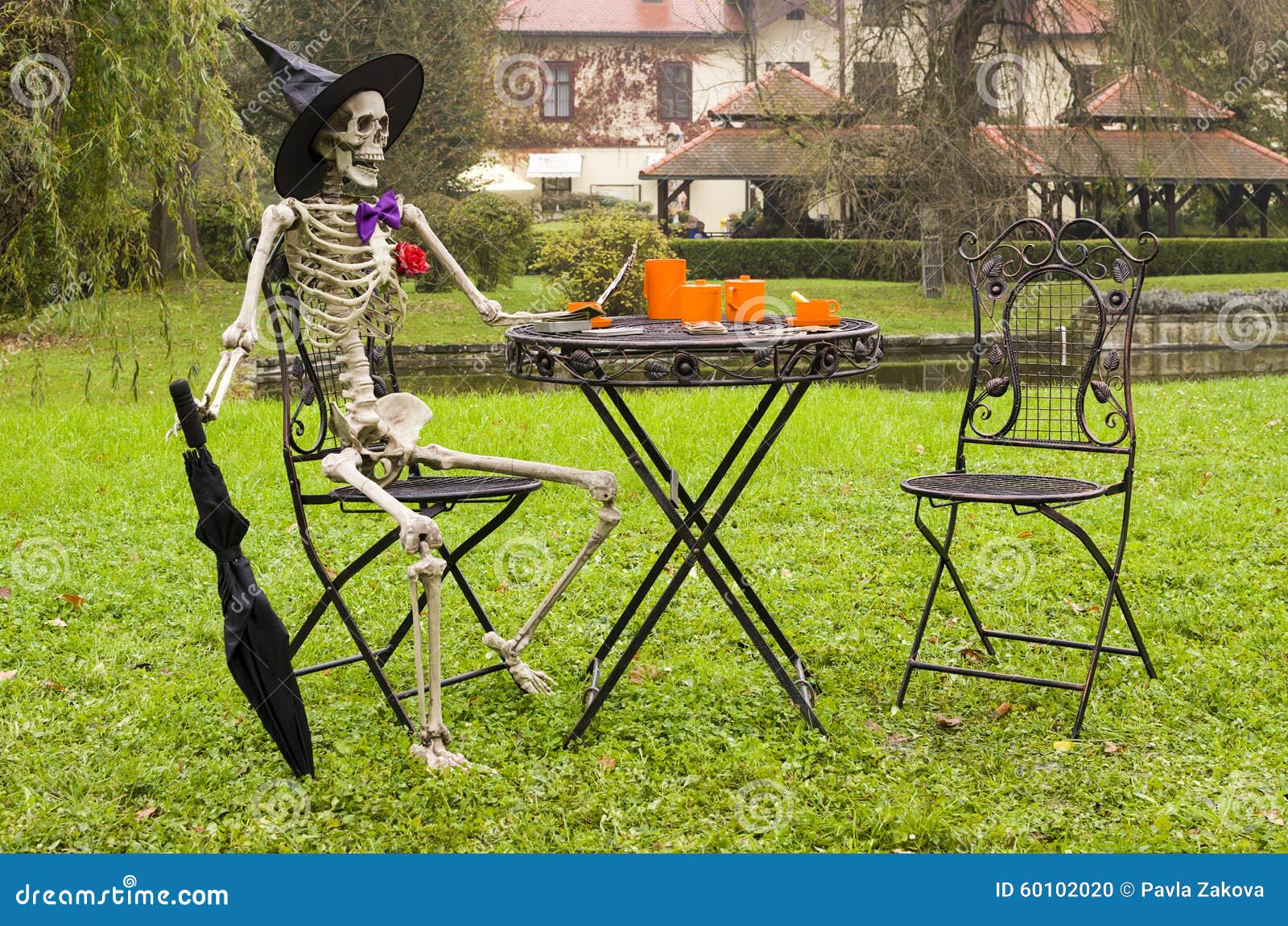 Voorbijgaand rooster schade Halloween-skeletdecoratie in Tuin Stock Foto - Image of stoel, achtergrond:  60102020