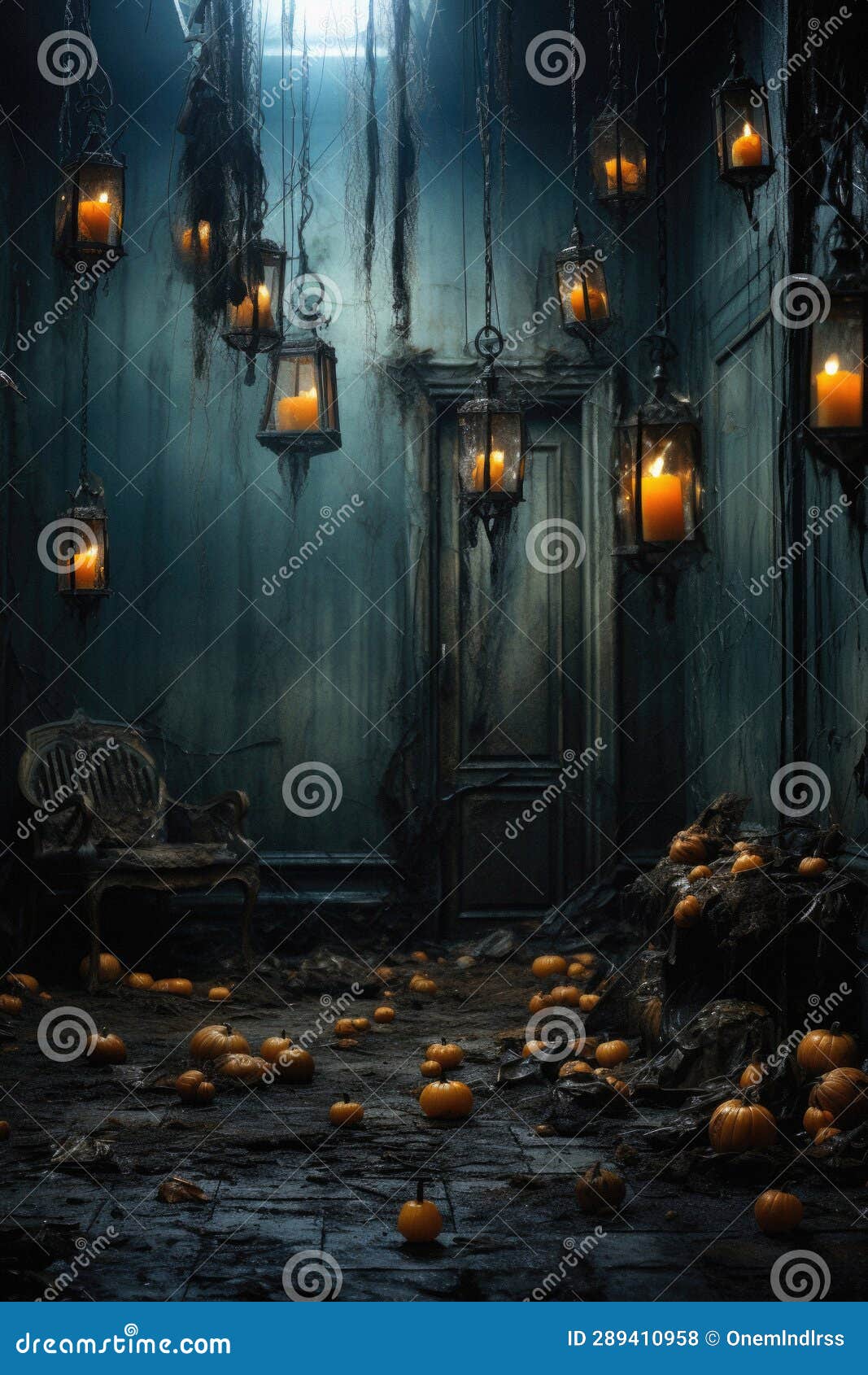 Halloween Spooky Background, Scary Pumpkins in Creepy Horror Ghost