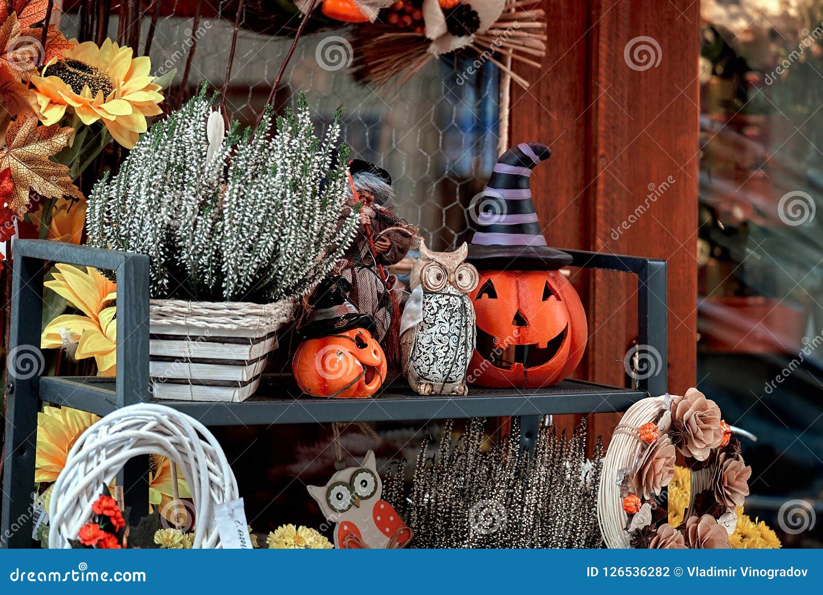 Halloween Street Decor with Fresh Fall Pumpkins and Flowers Stock Photo