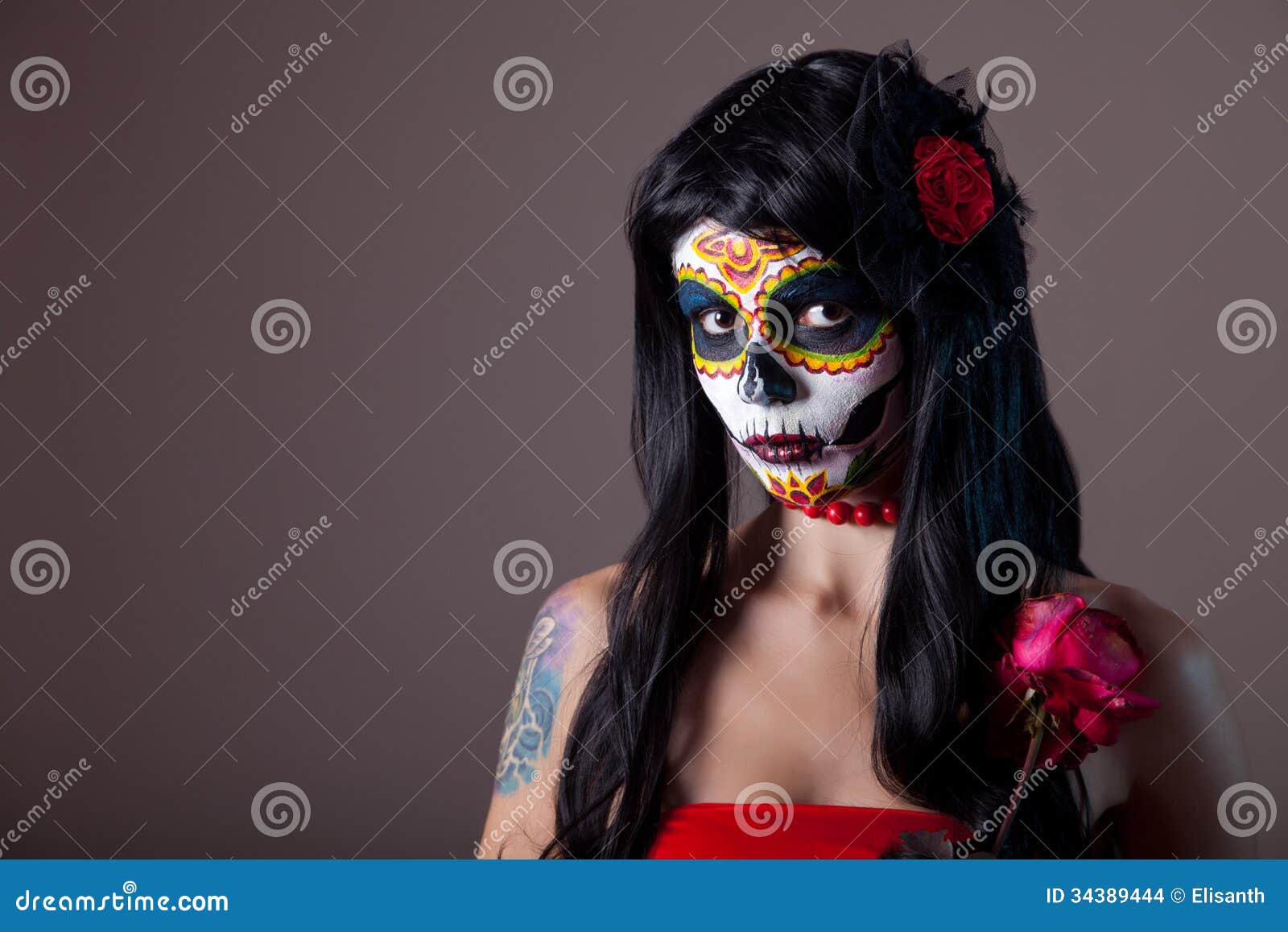 Halloween Sugar Skull Girl with Red Rose Stock Photo - Image of ...