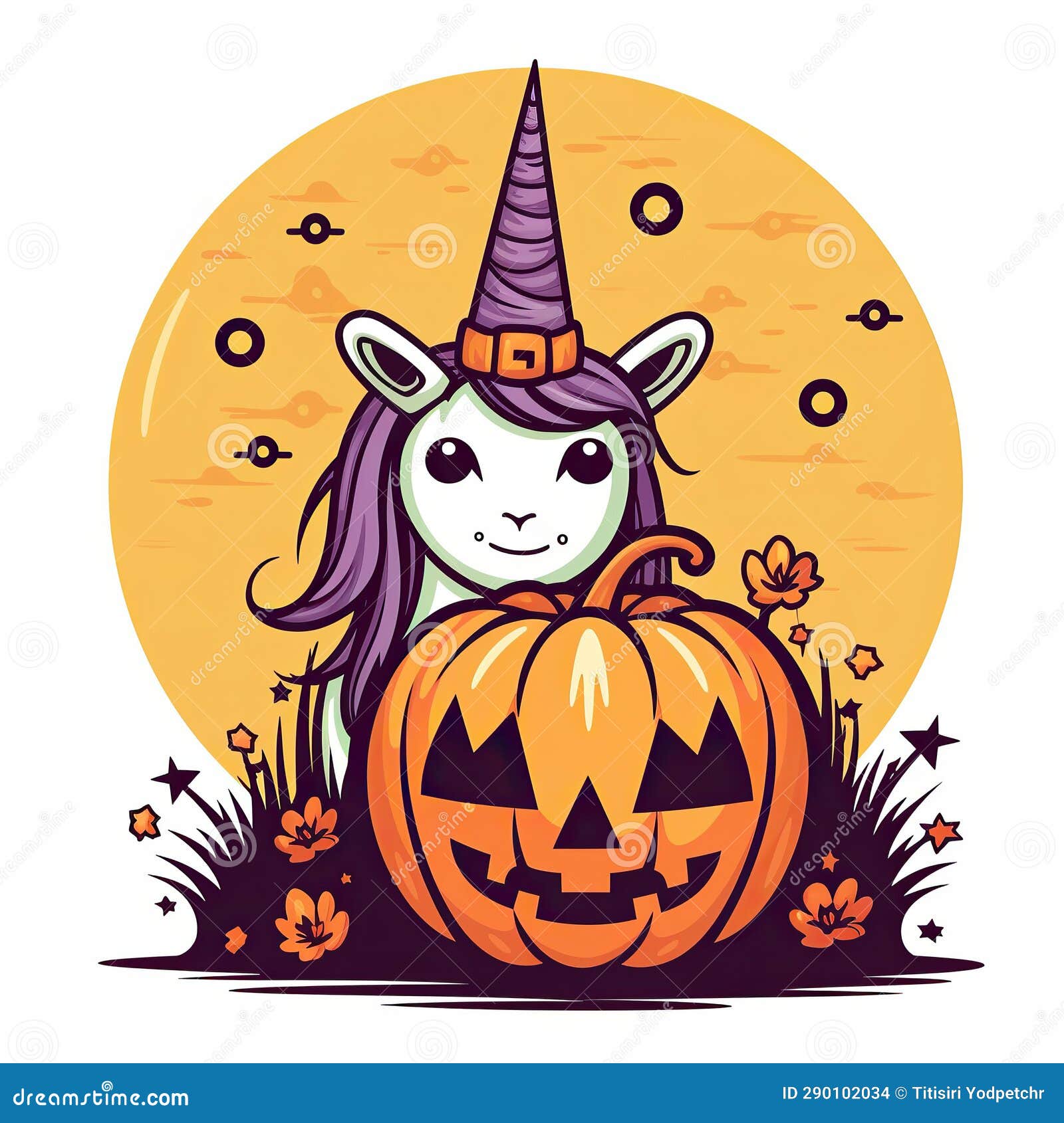 Halloween Theme Illustration, Cute Unicorn with Pumpkin Head Stock