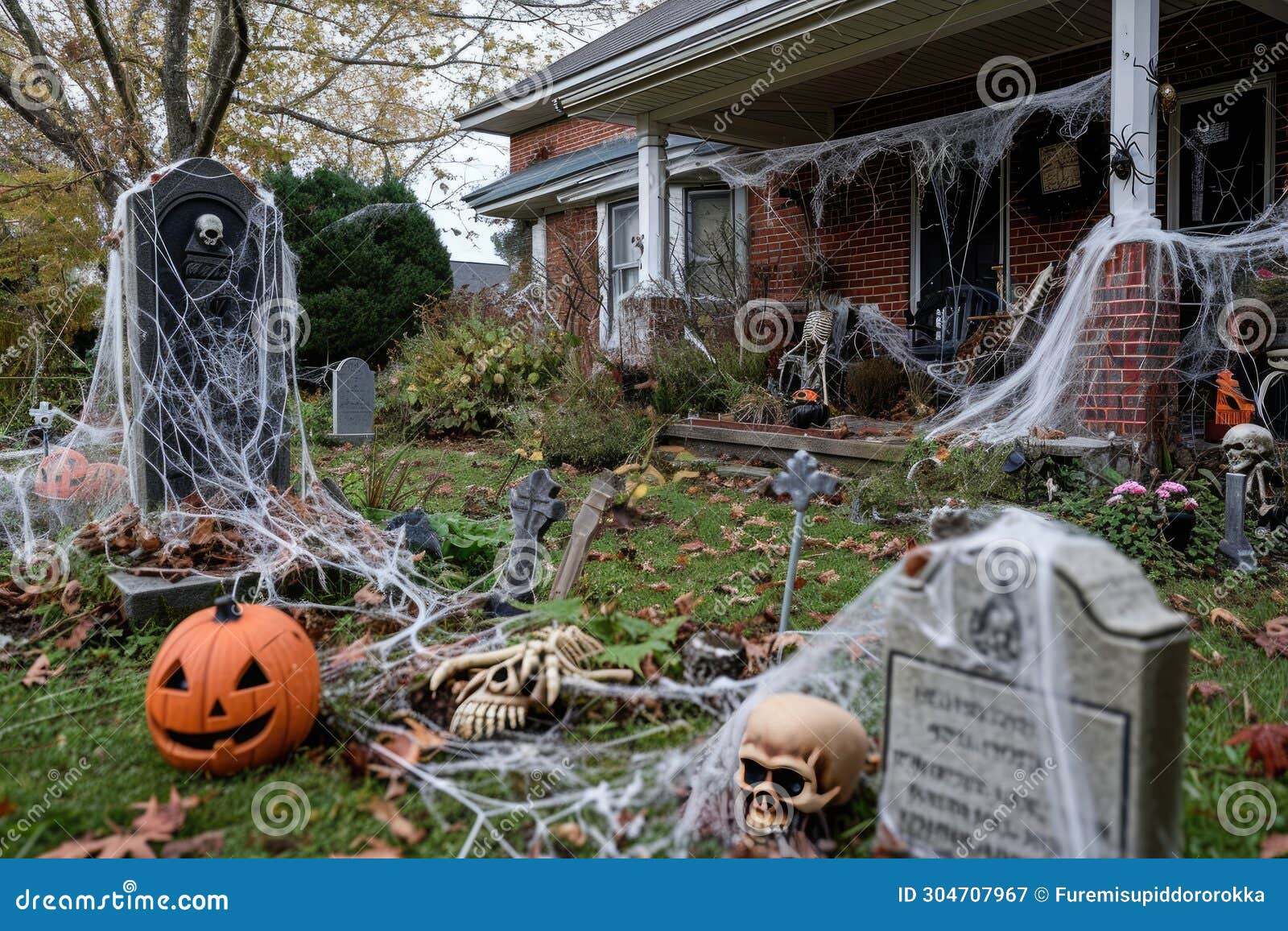 a halloween themed front yard with cobwebs, skeletons, and tombstones