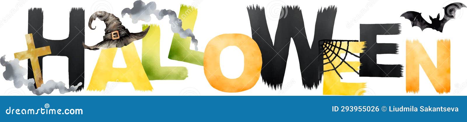 halloween  banner for print. colorful letter banner include witch hat, cross, bat, spider, spiderweb, smoke, fog.