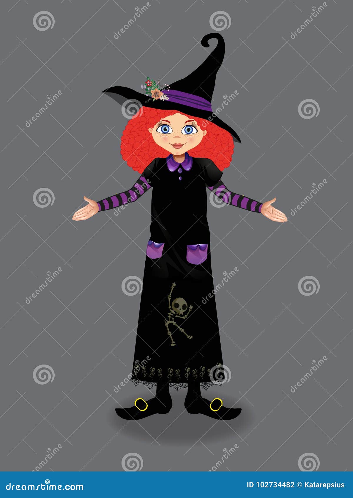 Halloween Vector Illustration of Young Witch with Curly Ginger Stock ...