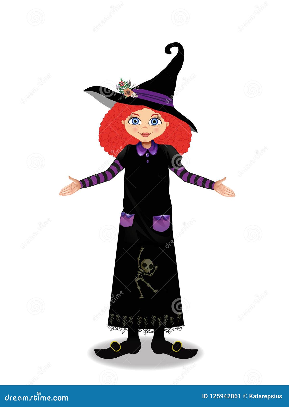 Halloween Vector Illustration of Young Witch Girl with Ginger Hair on ...