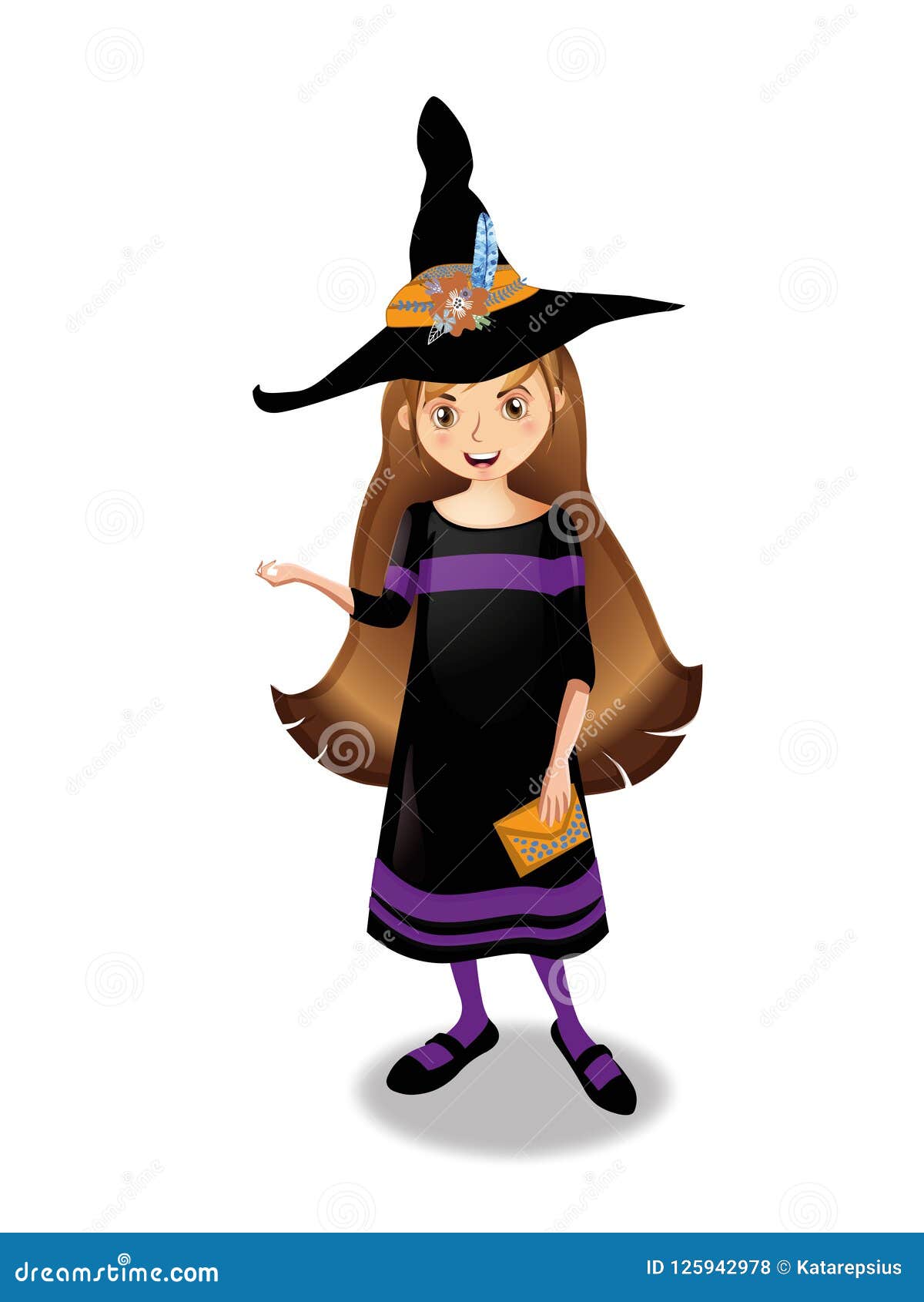 Halloween Vector Illustration of Young Witch Girl with Brown Hair on ...