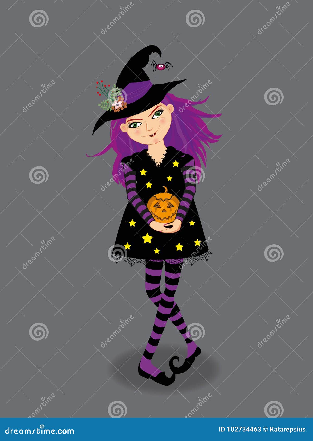 Halloween Vector Illustration of Young Witch with Purple Hair an Stock ...