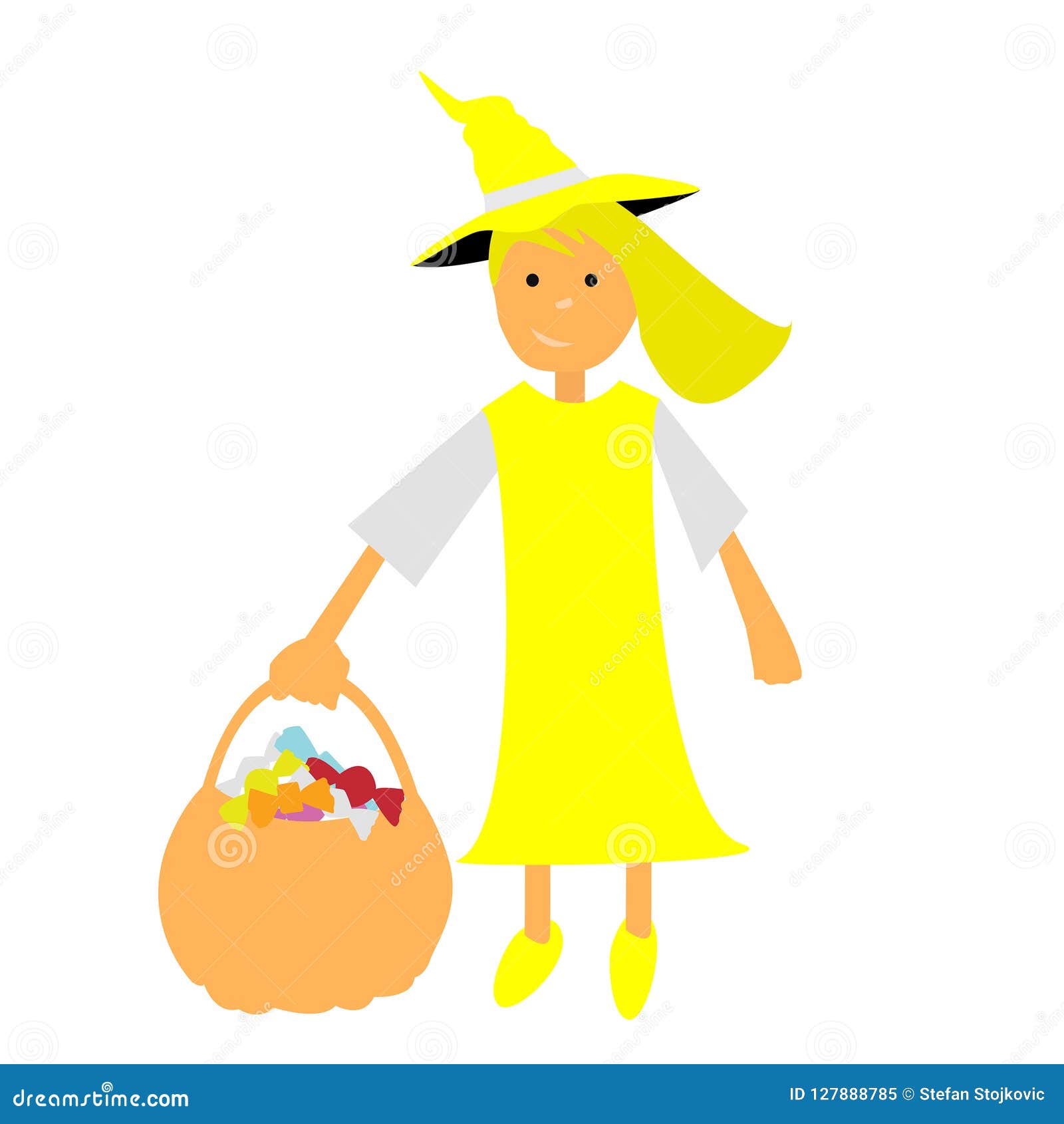 Illustration about Halloween vector witch with a basket and yellow dress ye...