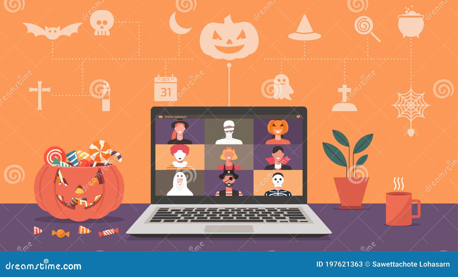 Online Halloween Party Concept on Laptop Computer Screen with Icon