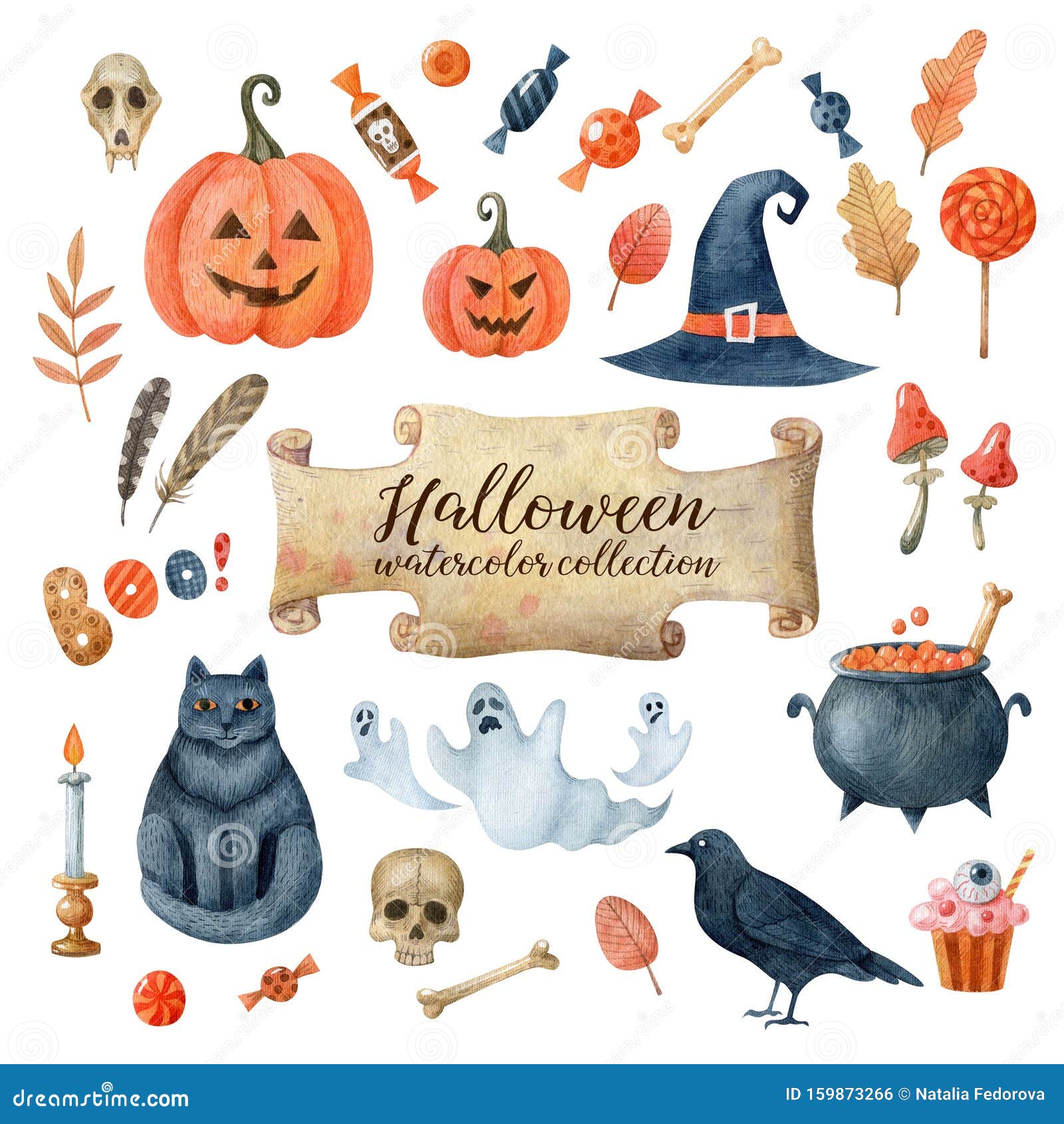 Download Halloween Watercolor Collection Of Clipart Isolated On White Background Stock Illustration Illustration Of Aquarelle Bone 159873266