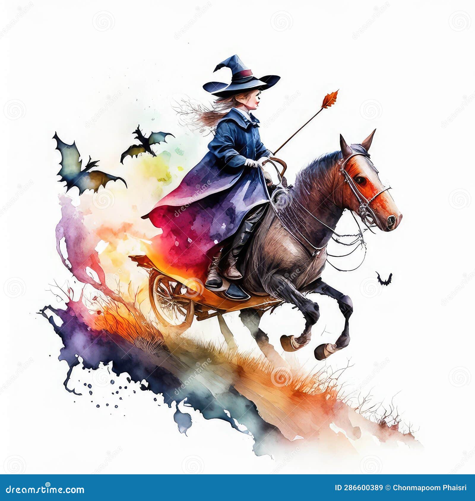 Halloween Watercolor Illustration of a Witch Riding a Horse and Flying ...