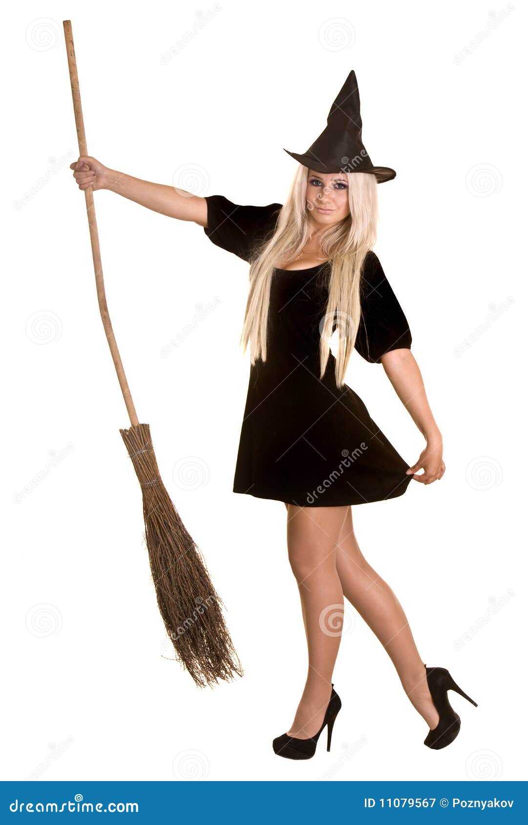 Halloween Witch Blond in Black Dress with Broom. Stock Image - Image of ...