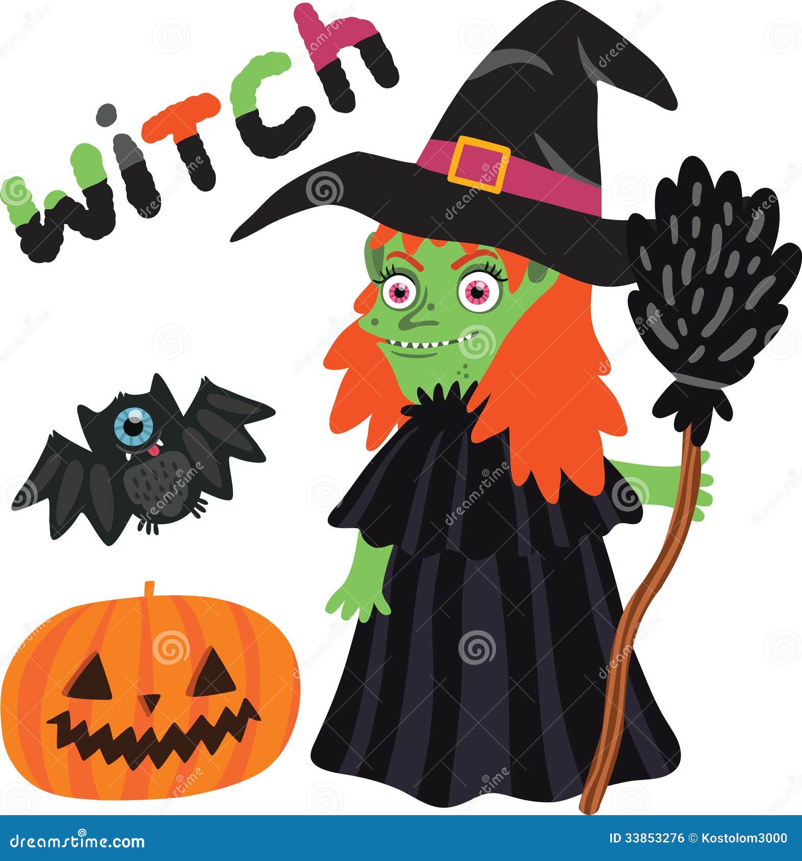 Halloween Witch Character with Pumpkin and Bat. Stock Vector