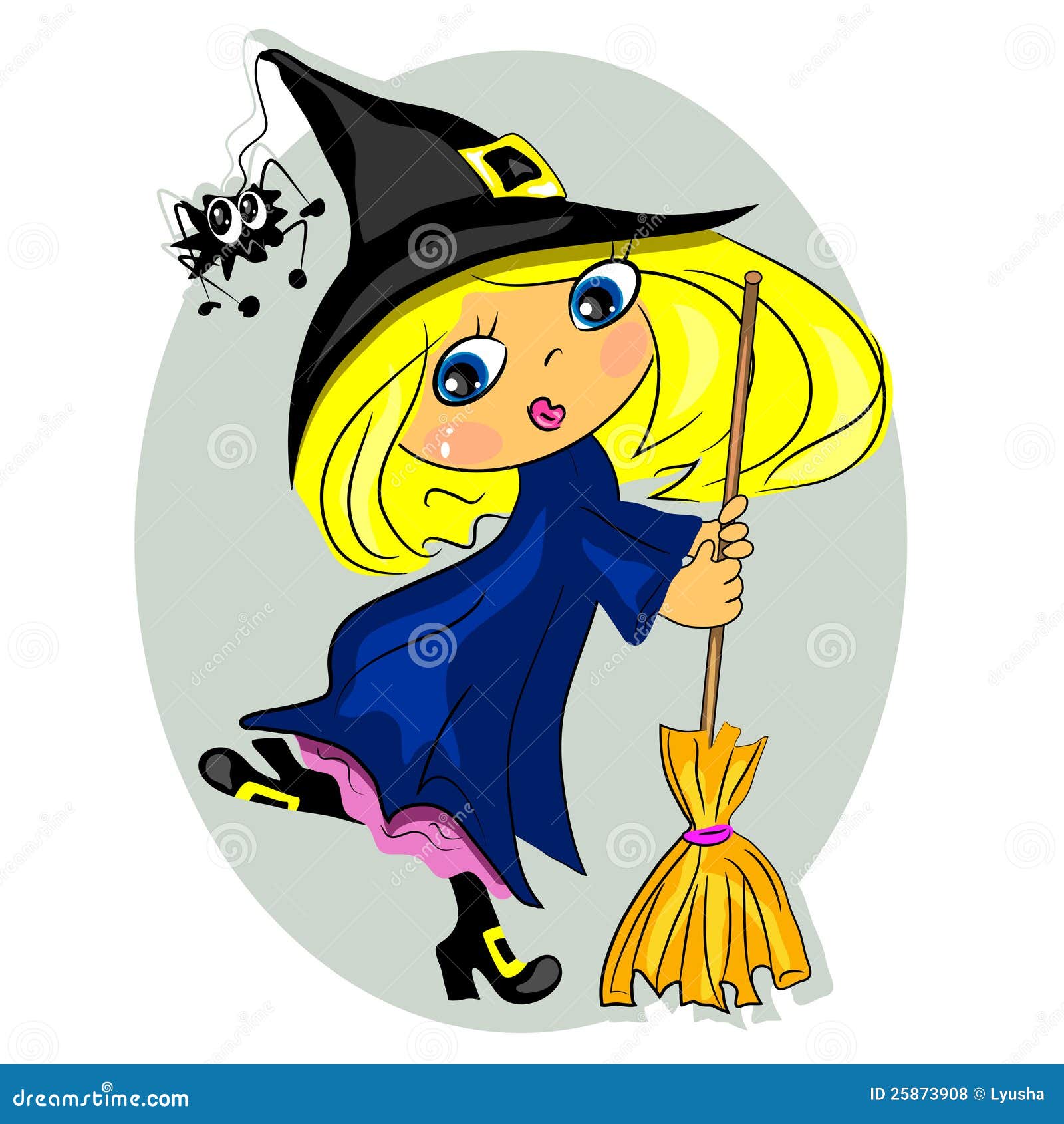 Halloween Witch Dancing with Broom. Black Hat with Stock Vector