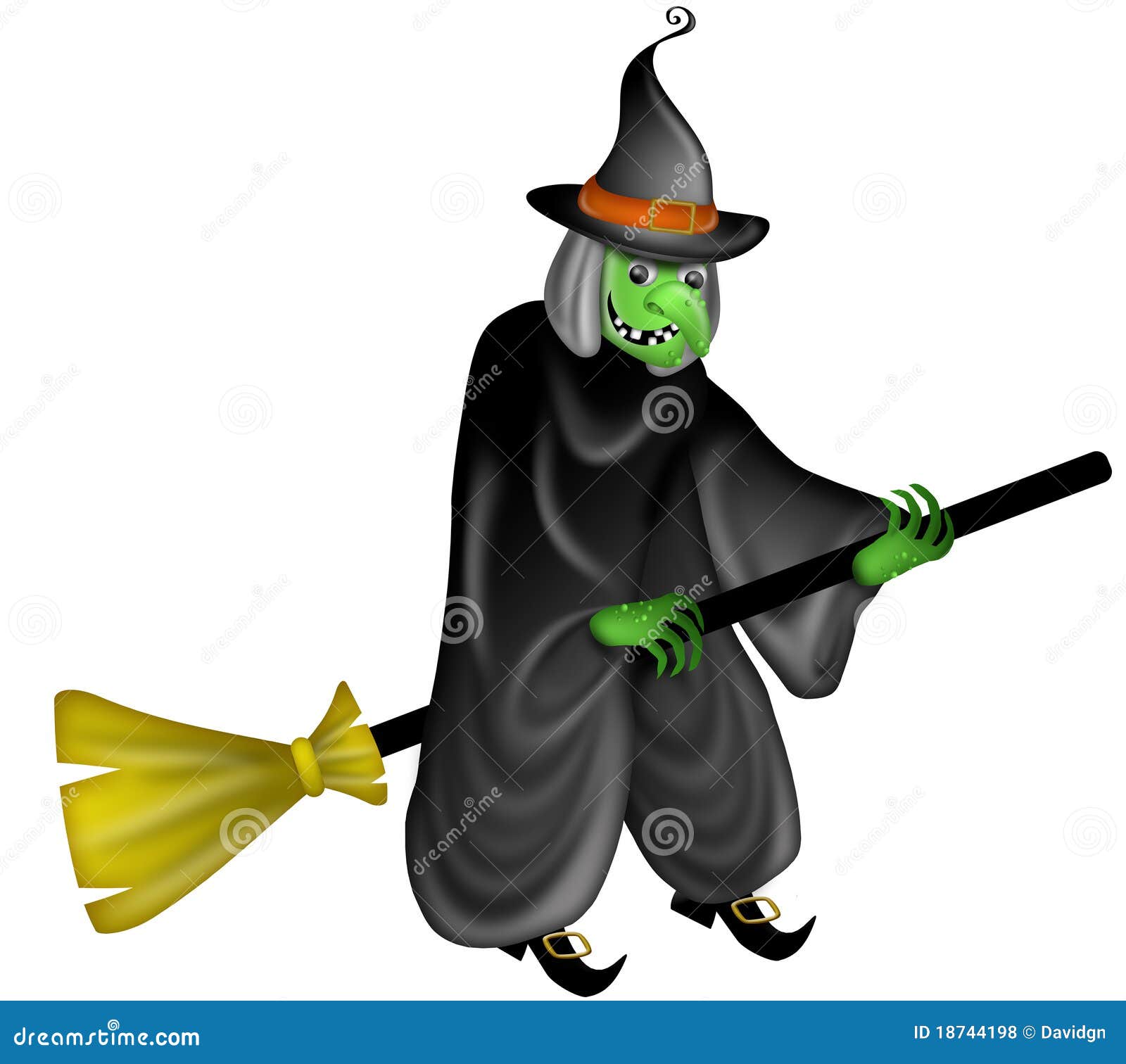Halloween Witch Flying on Broom Stick Stock Illustration Illustration