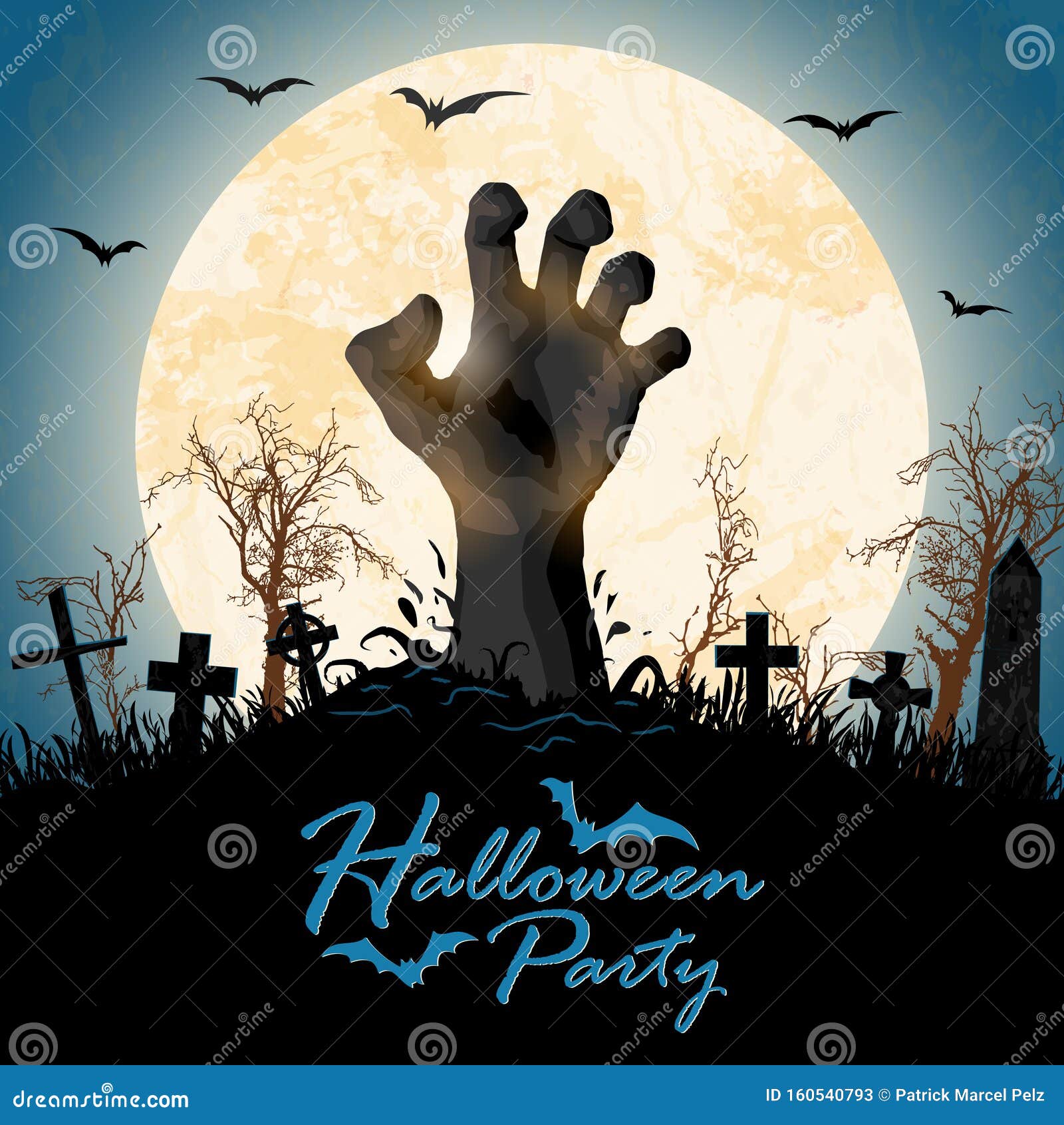 halloween zombie hand in front of full moon