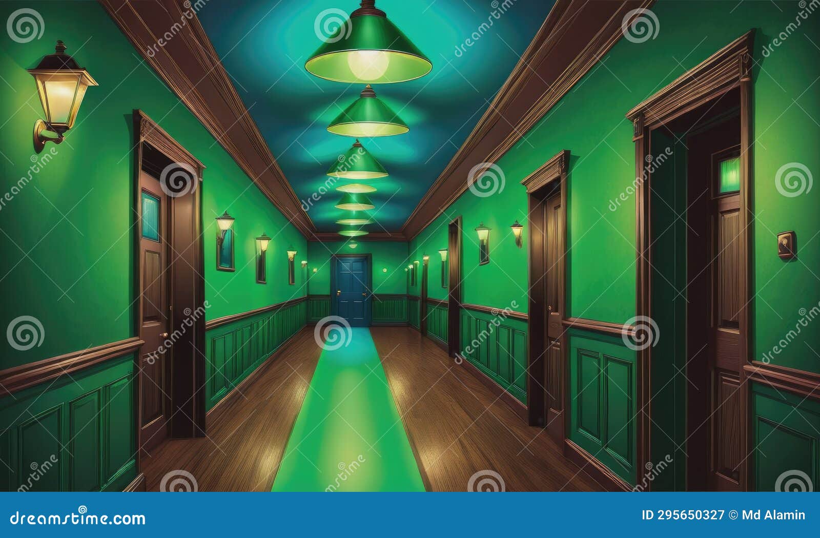 A Hallway with Green Lights and a Blue Light on the Ceiling Stock Illustration Illustration of