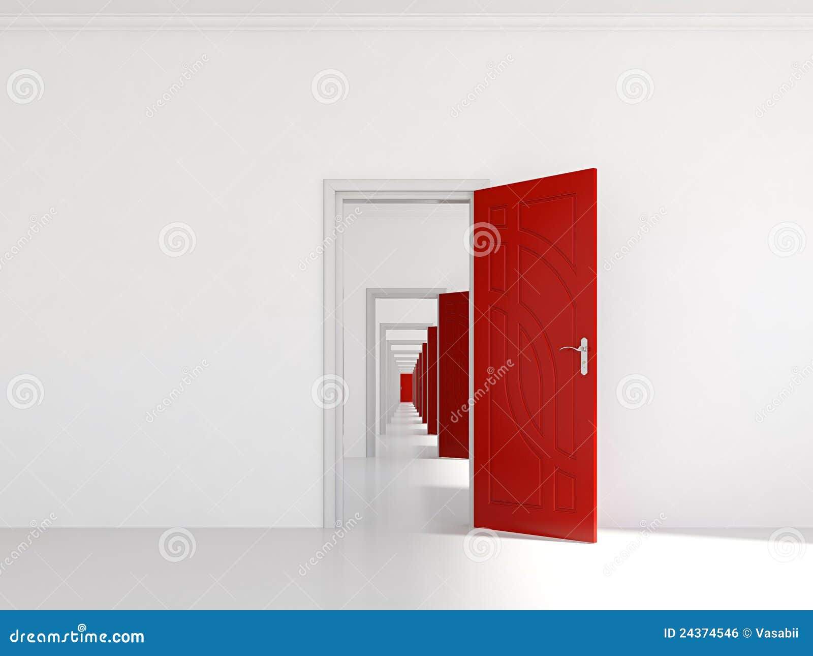 Hallway with many doors stock illustration. Illustration of design