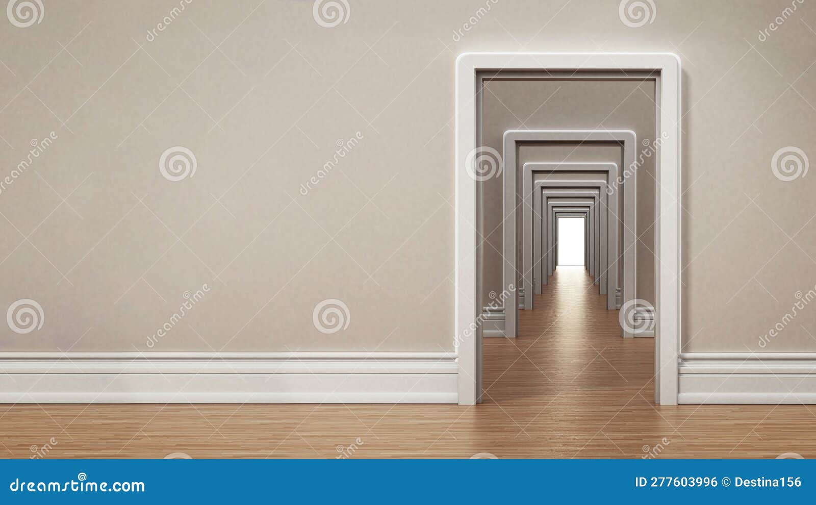 Hallway with Many Doors Opening To Each Other. 3D Illustration Stock