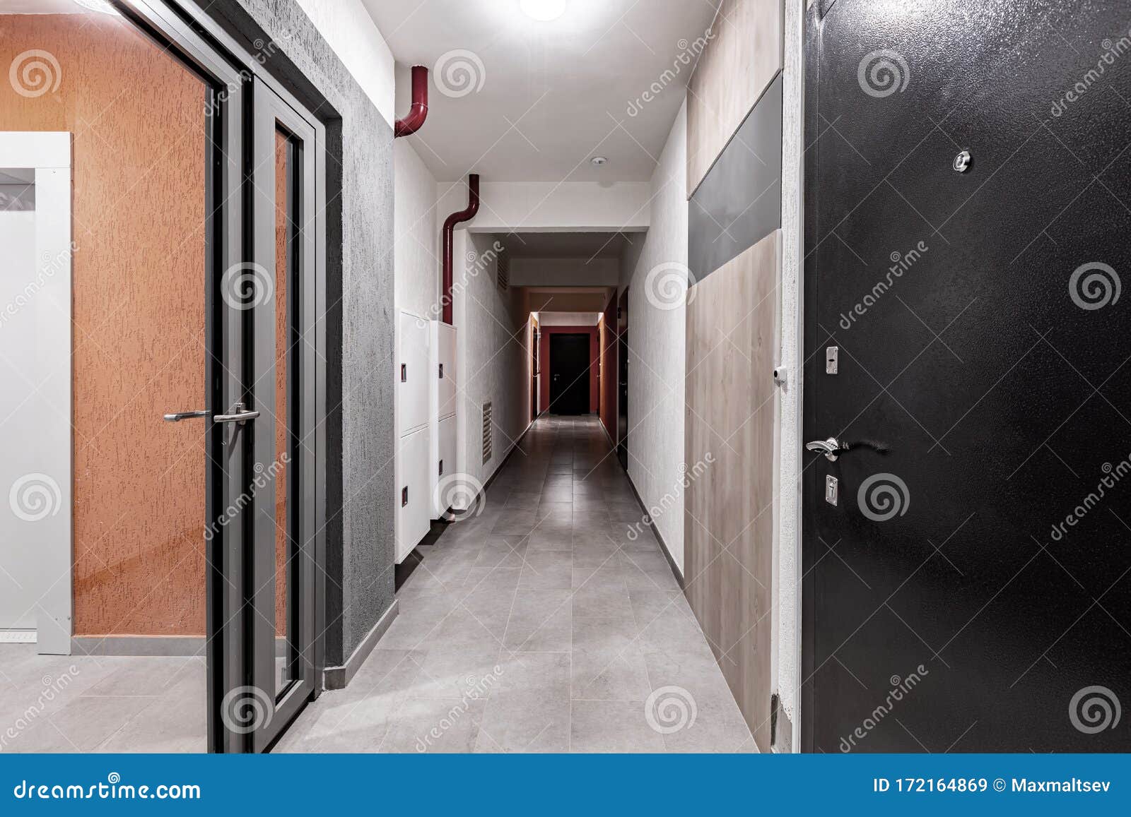 Hallway with Many Doors. Perspective Wide Angle. Nobody Inside. Stock