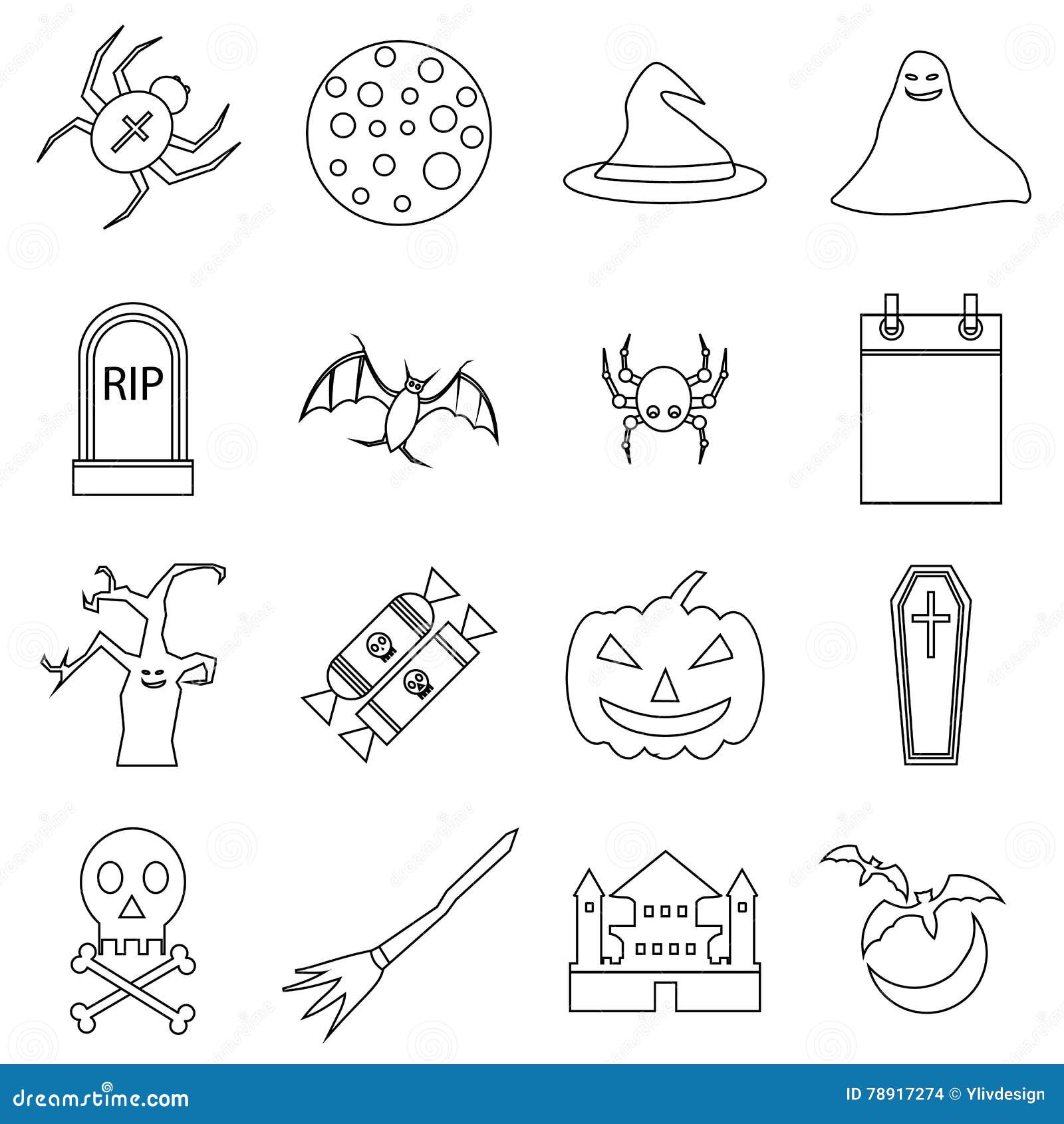 Haloween Icons Set, Outline Style Stock Vector - Illustration of black ...