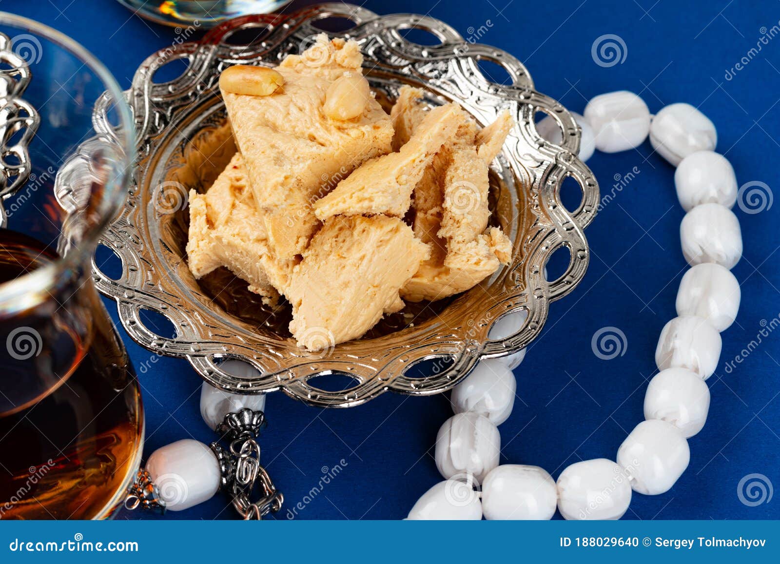 Halva Dessert with Tea Cup on Blue Background Stock Photo Image of