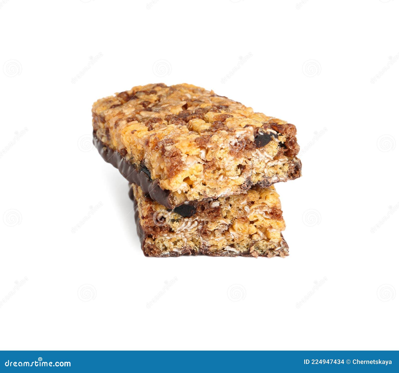 Halves of Tasty Protein Bar with Granola on White Background Stock