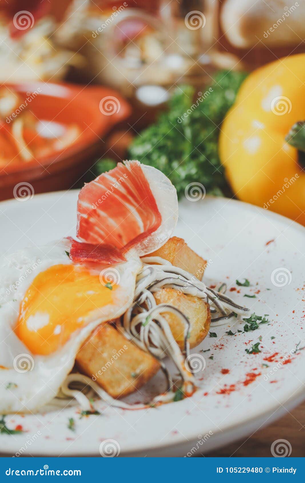 Ham with Egg Fried and Potato Deep Fried. Spanish Breakfast Cuisine