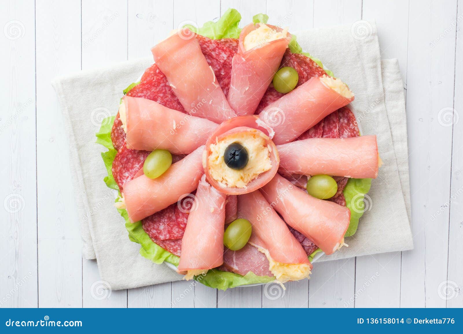 Ham Rolls with Cheese and Sausage on a Plate Stock Photo Image of